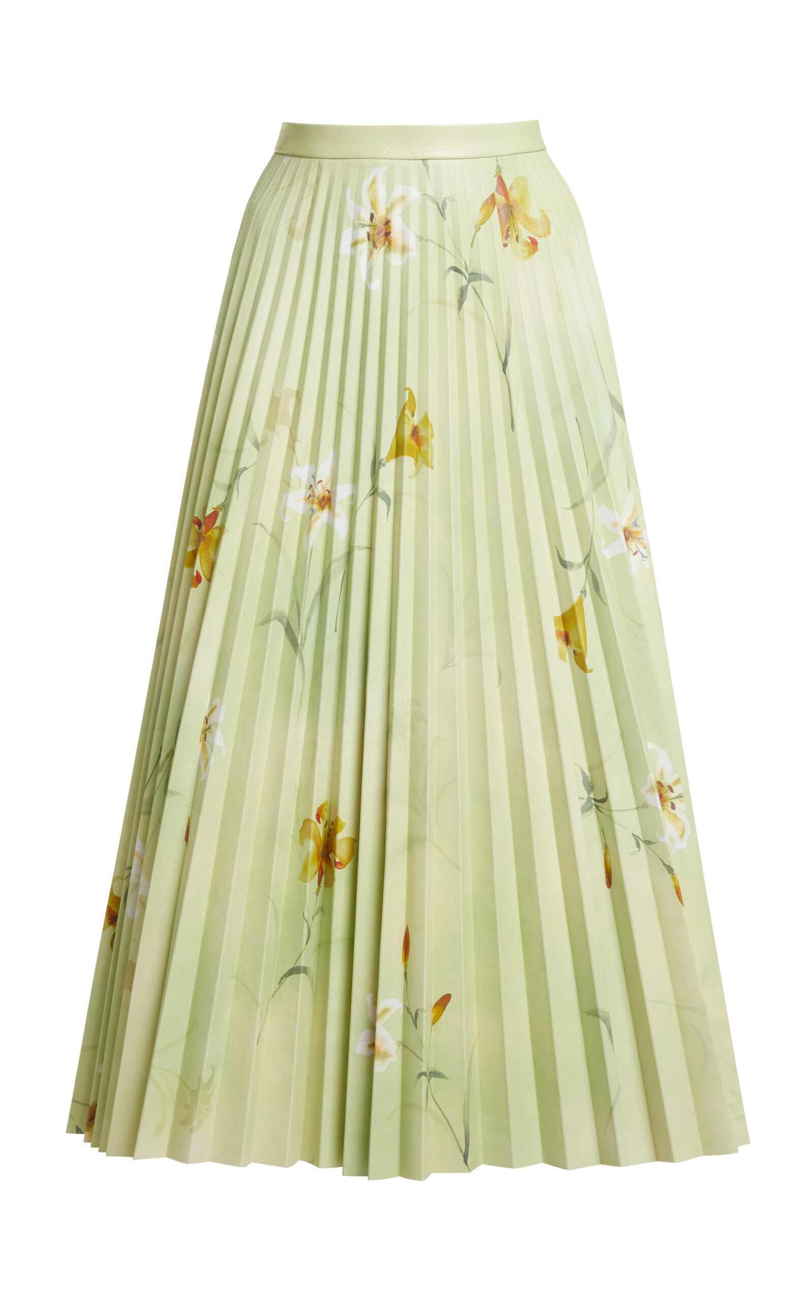 Floral-Printed Plisse Leather Midi Skirt