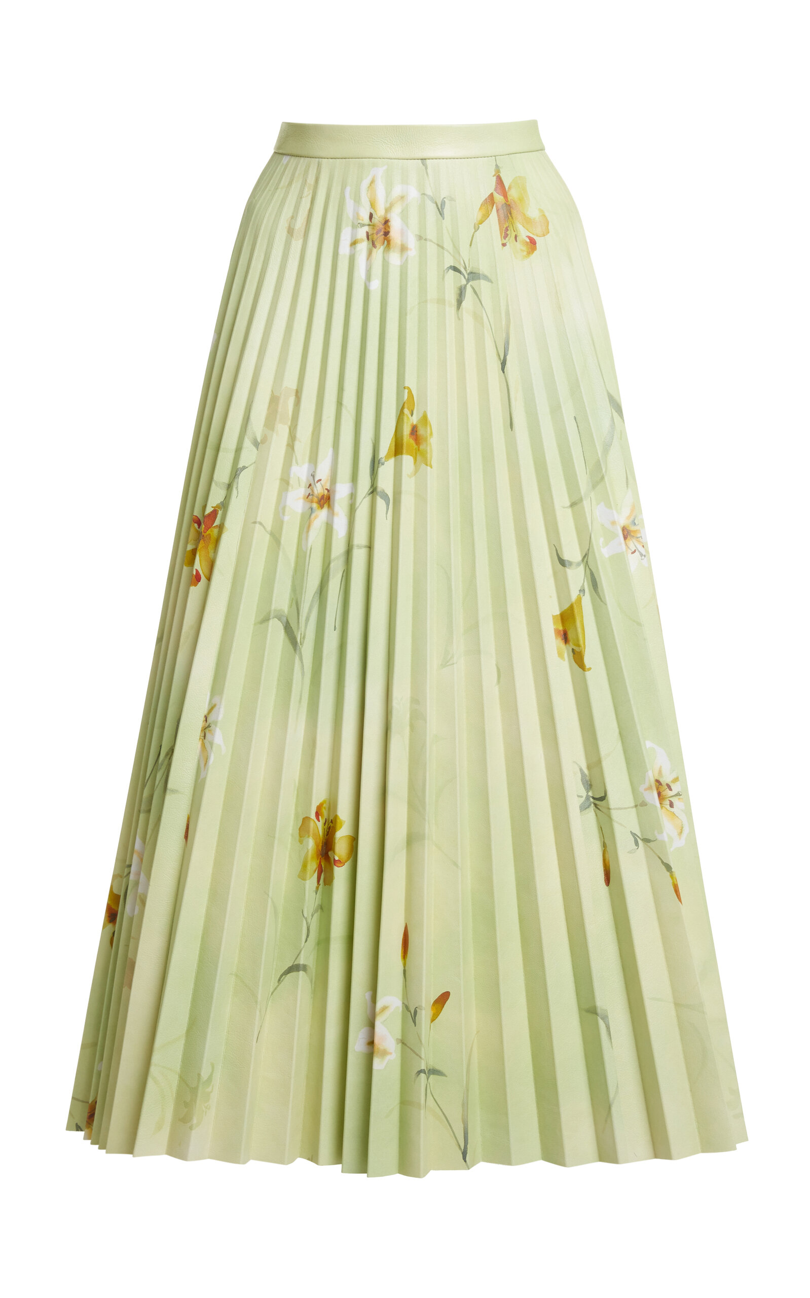 Balenciaga Floral-Printed Plisse Leather Midi Skirt - Green