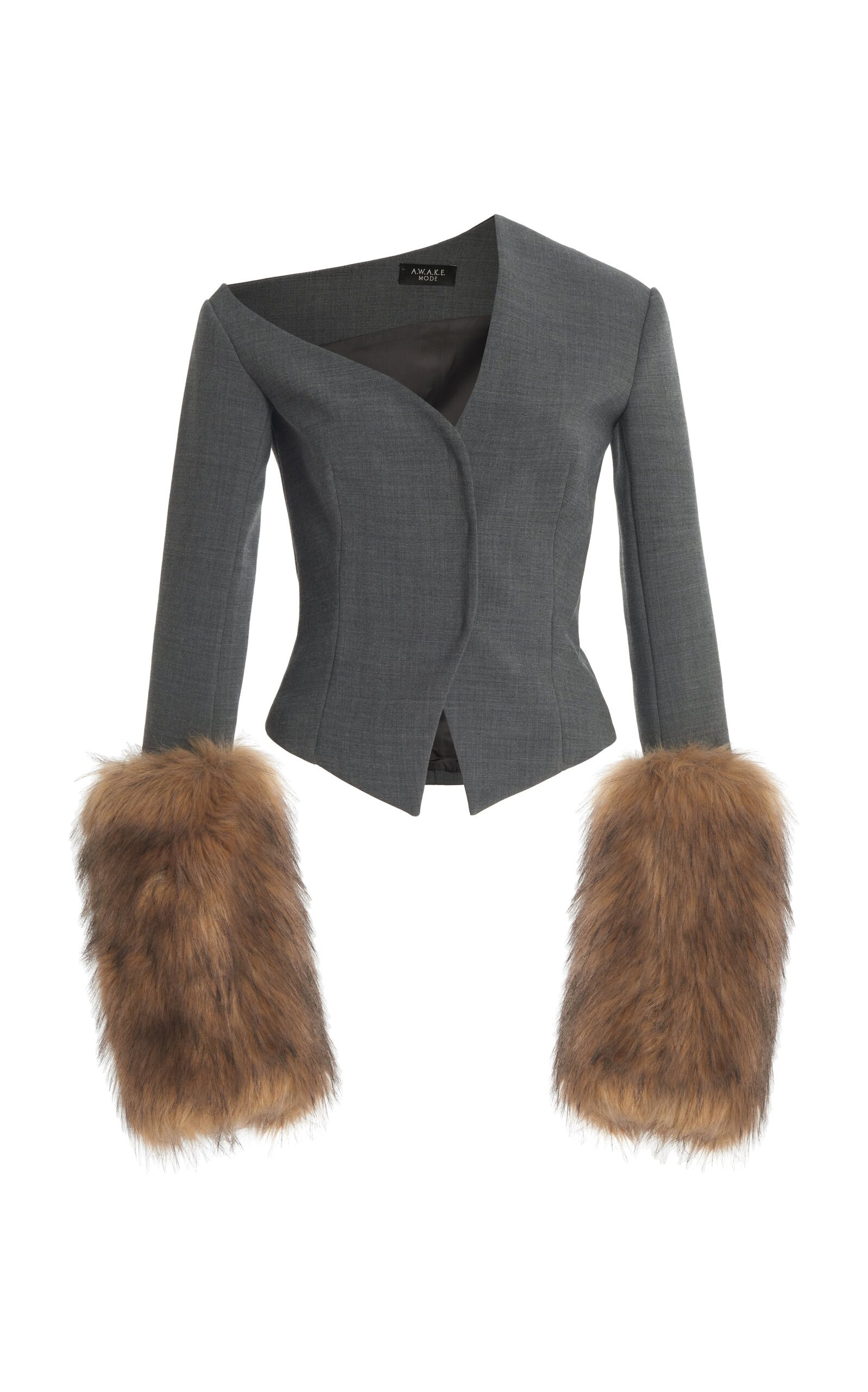 A.w.a.k.e. Asymmetric Faux Fur-trimmed Jacket In Grey Brown