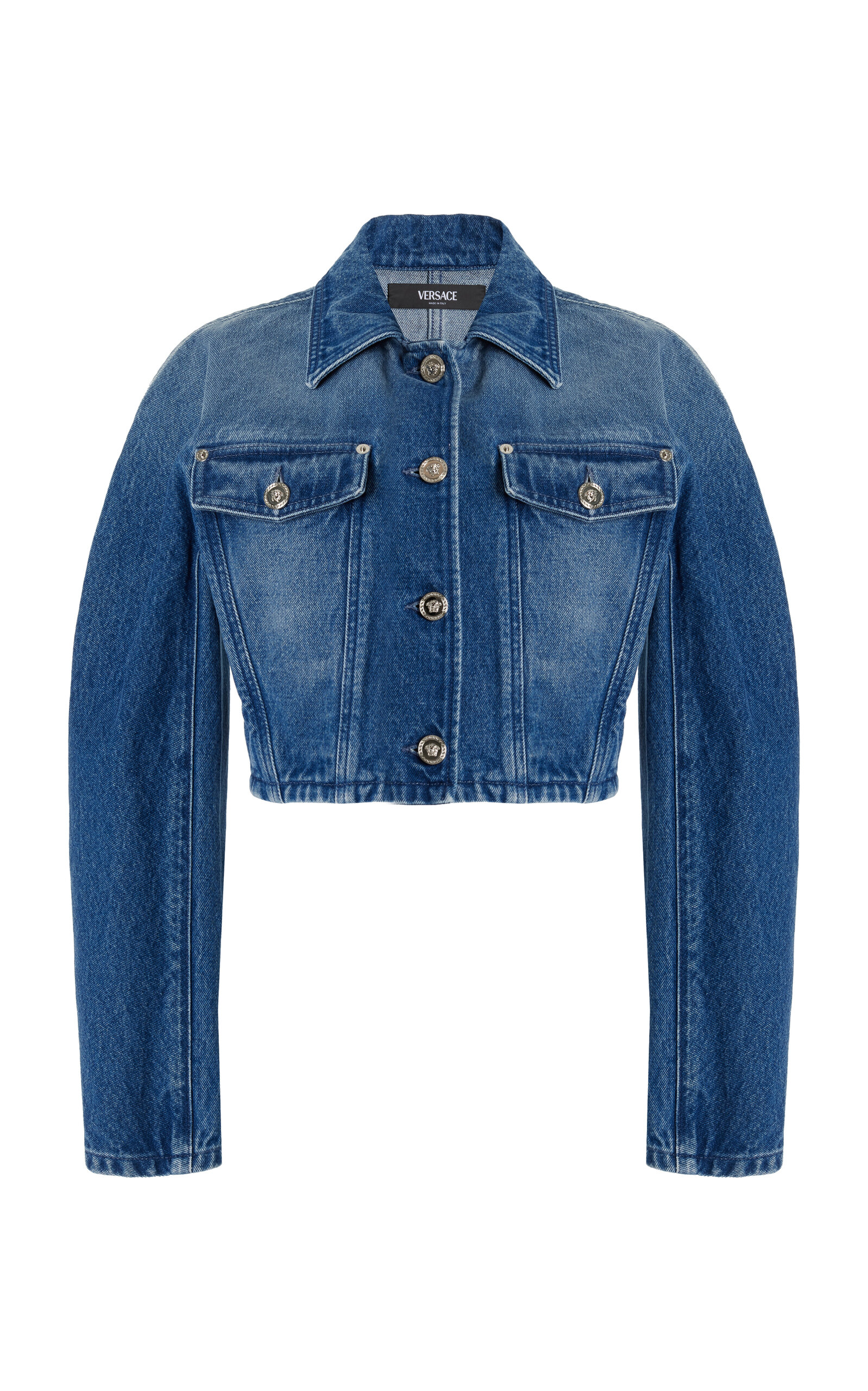 Shop Versace Puff-sleeve Cropped Denim Jacket In Medium Wash