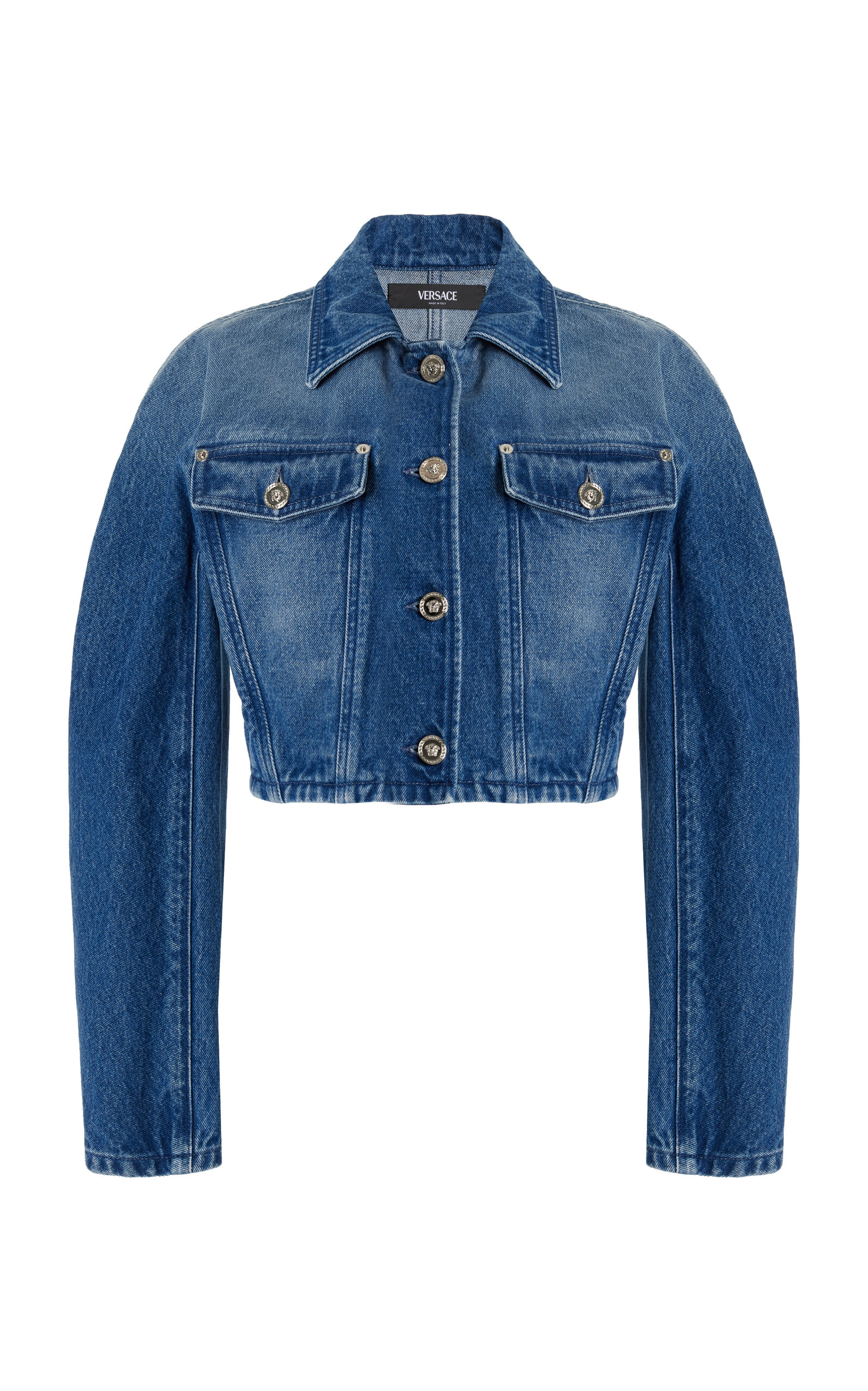 Versace Stone-washed Crop Denim Jacket In Medium Blue