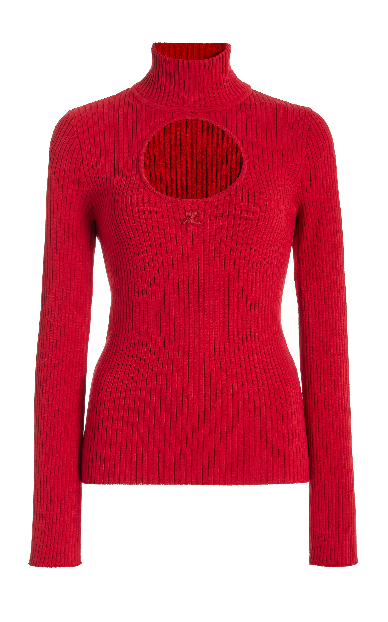 Shop Courrèges Cutout Ribbed-knit Mock-neck Sweater In Red