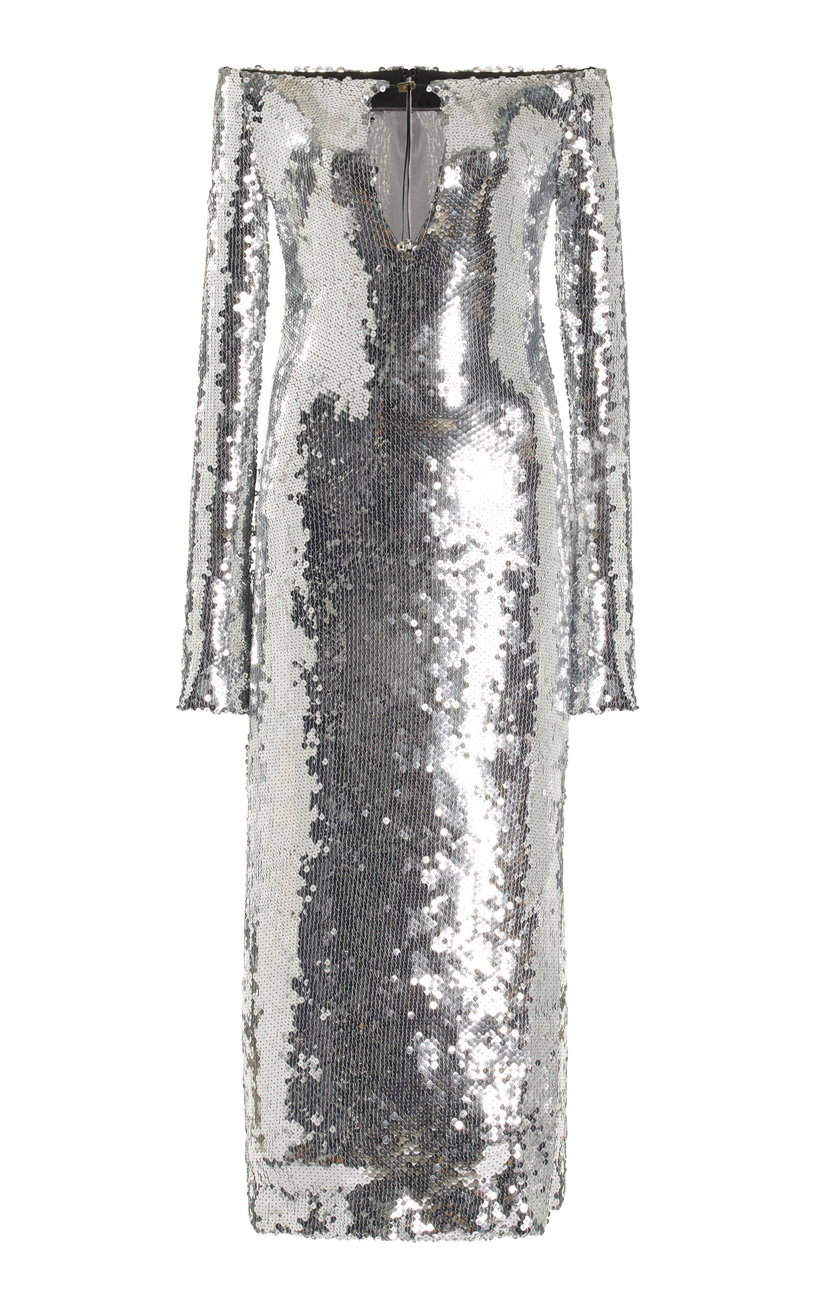 Shop 16arlington Solare Off-the-shoulder Sequined Midi Dress In Silver