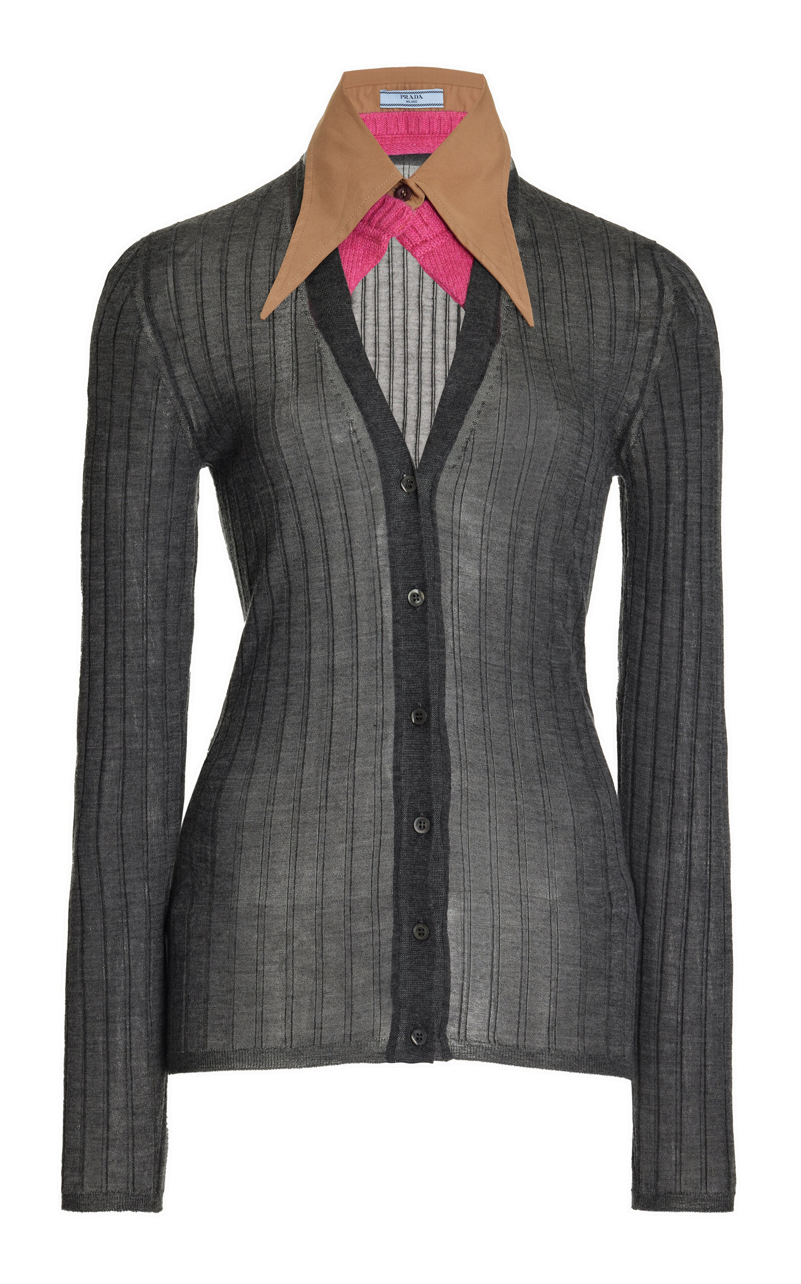 Shop Prada Collared Knit Silk Cashmere Cardigan In Grey
