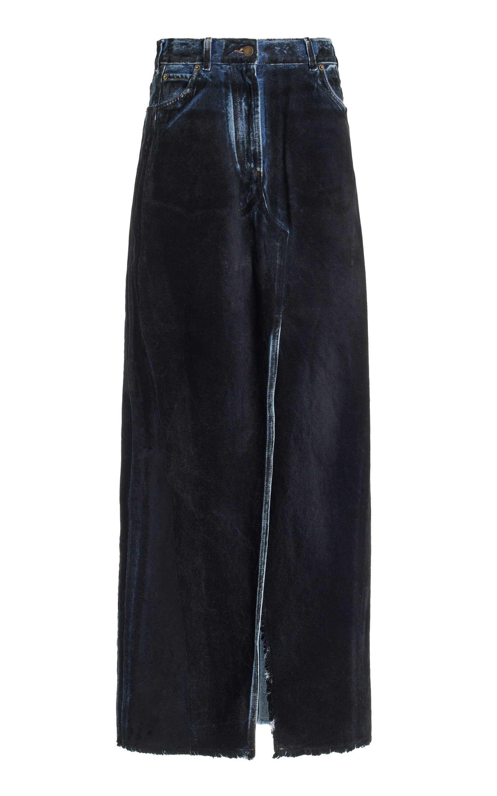 Darkpark Emma Raw Edge Denim Maxi Skirt In Dark Wash