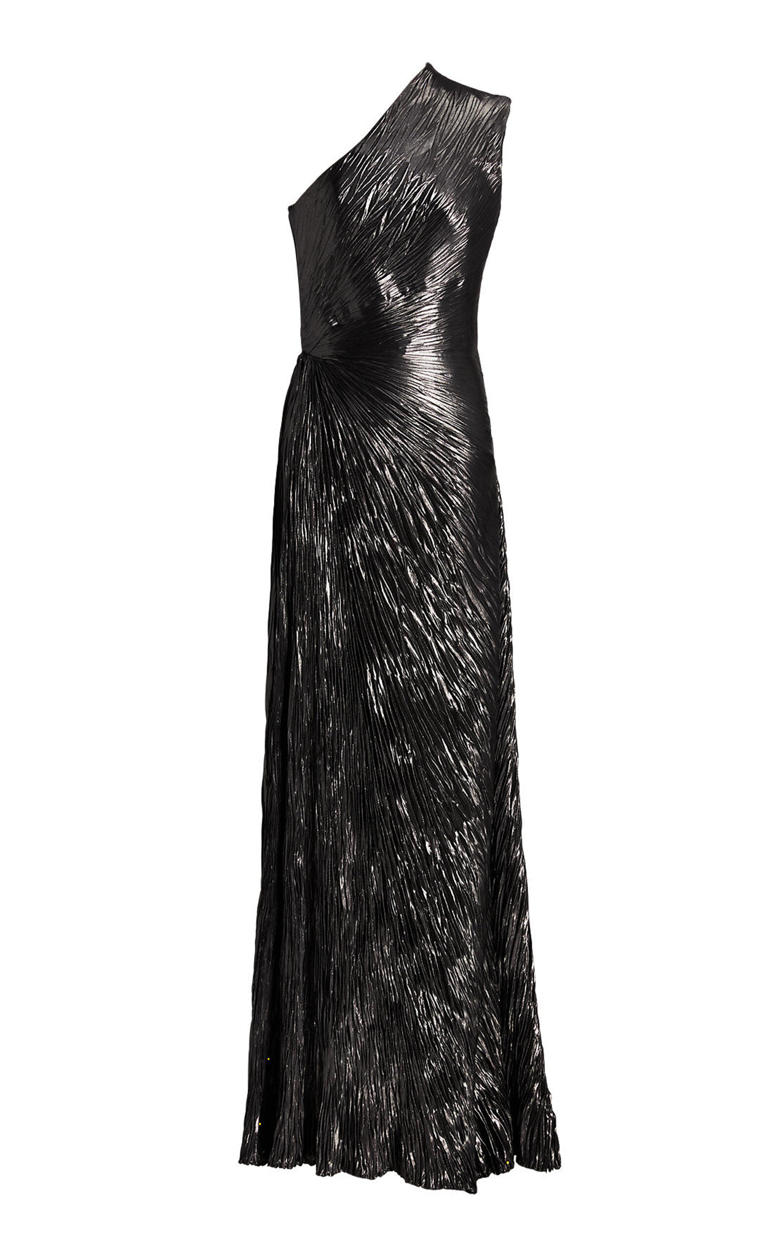 Ralph Lauren - Hadlea One-Shoulder Plisse Metallic-Silk Gown  - Grey - US 2 - Moda Operandi