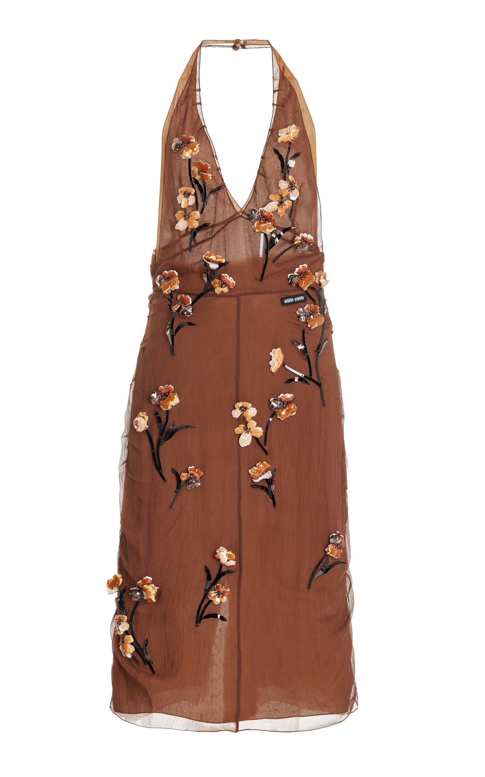 Miu Miu Embellished Chiffon Midi Dress In Brown