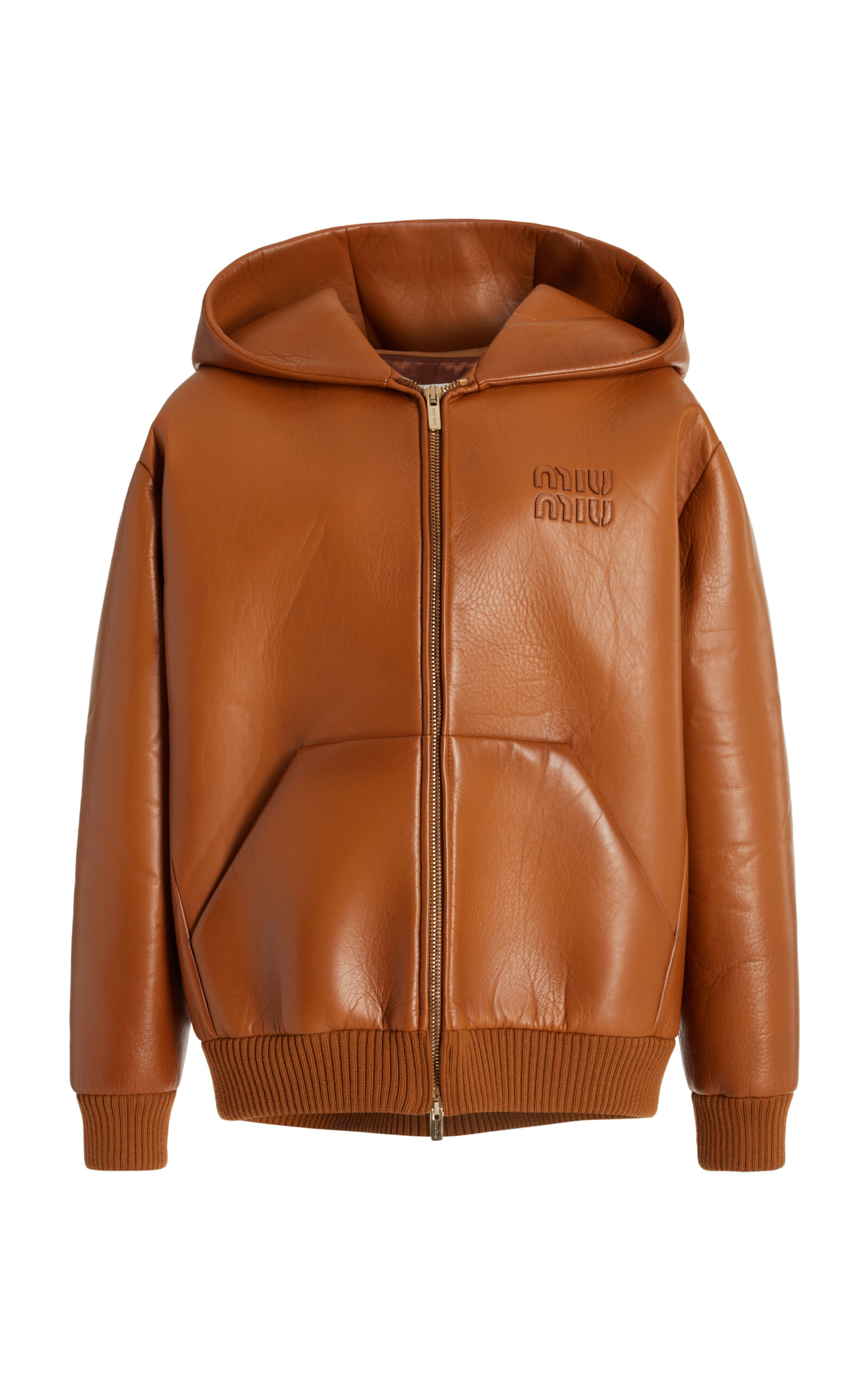 Miu Miu Leather Zip-up Hooded Jacket In Brown