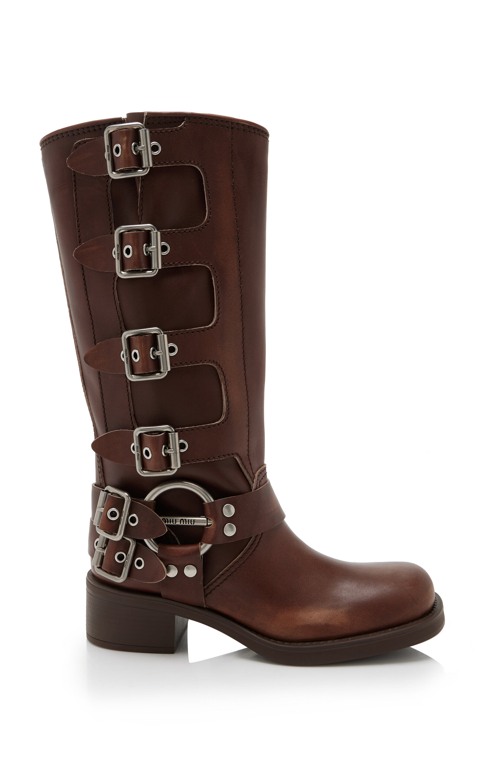 Miu Miu - Stivali Buckle-Detailed Leather Knee Boots - Brown - IT 39.5 - Moda Operandi