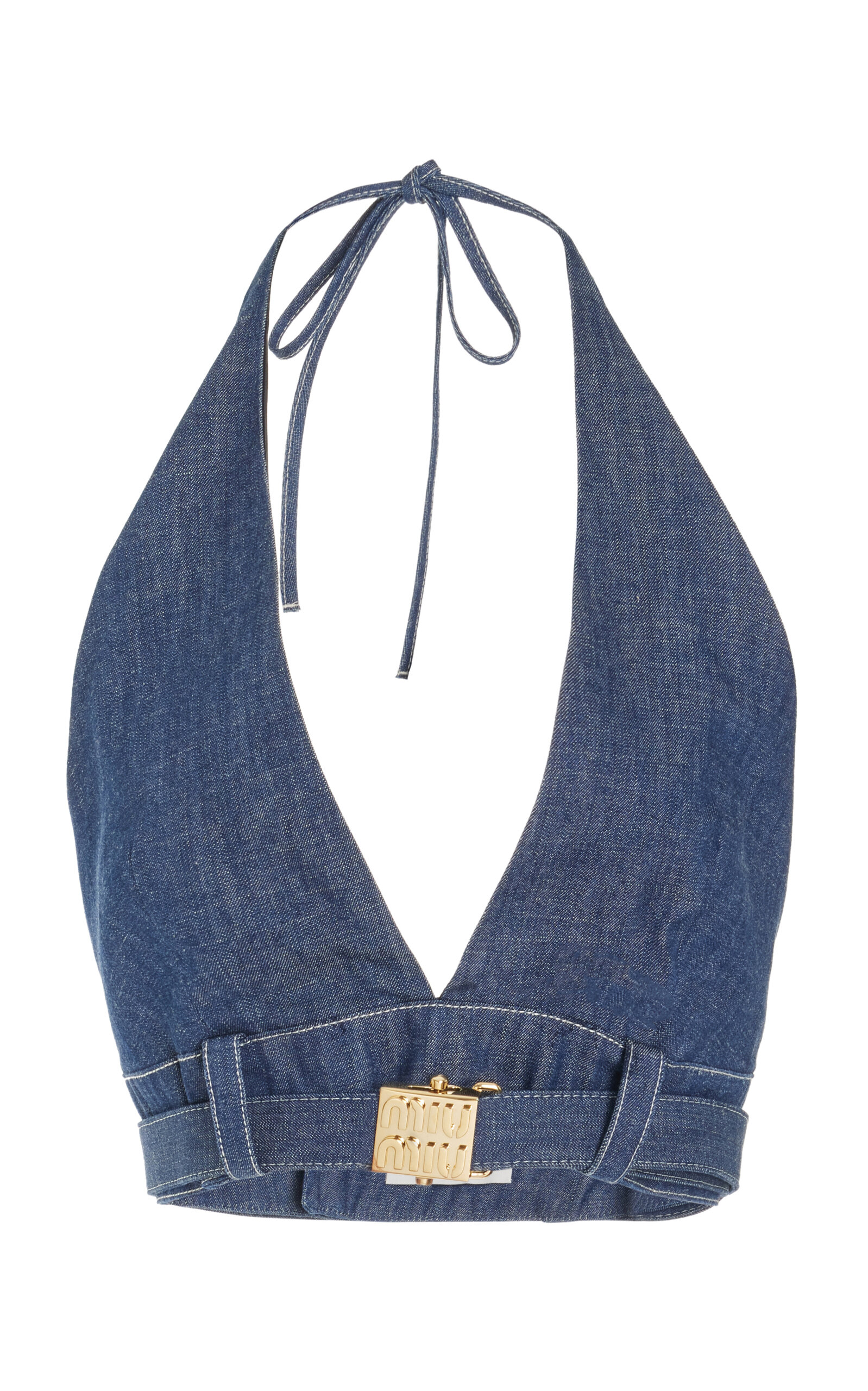 Shop Miu Miu Raw Denim Bra Top In Medium Wash