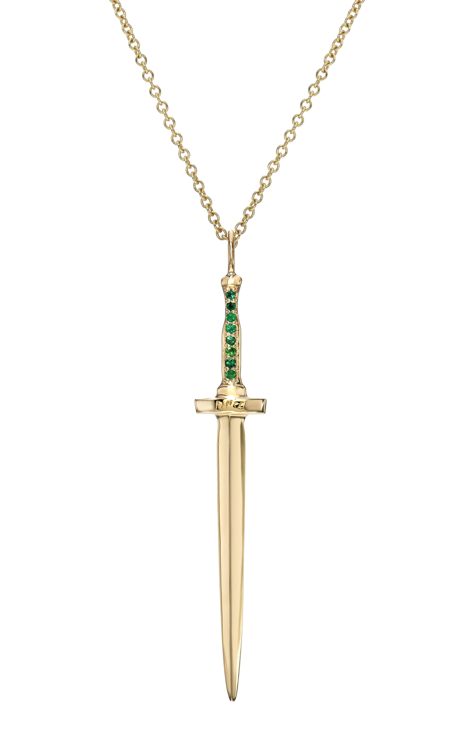 Large Dagger 14K Yellow Gold Emerald Necklace