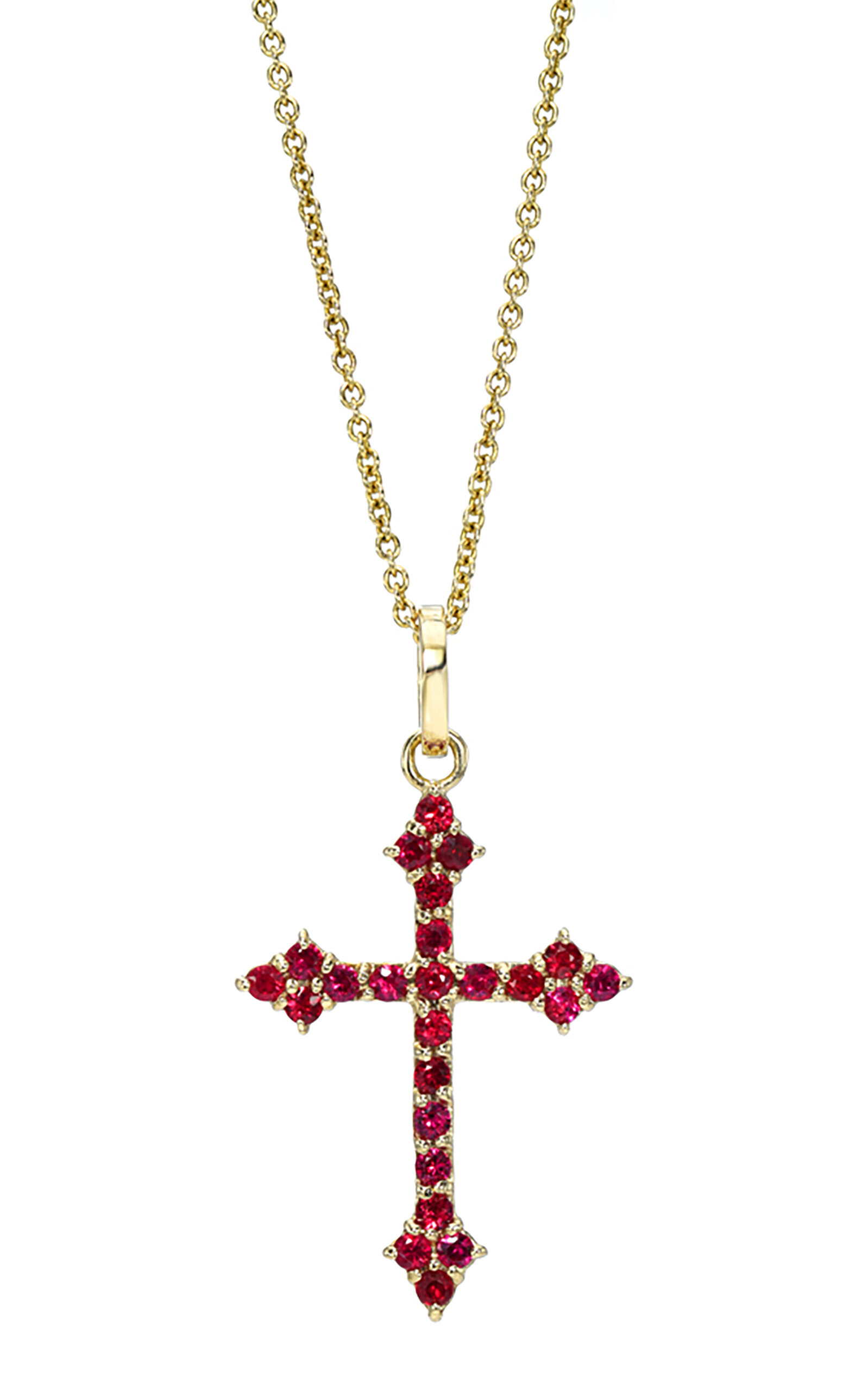 Dru Gothic Cross 14k Yellow Gold Ruby Necklace In Red