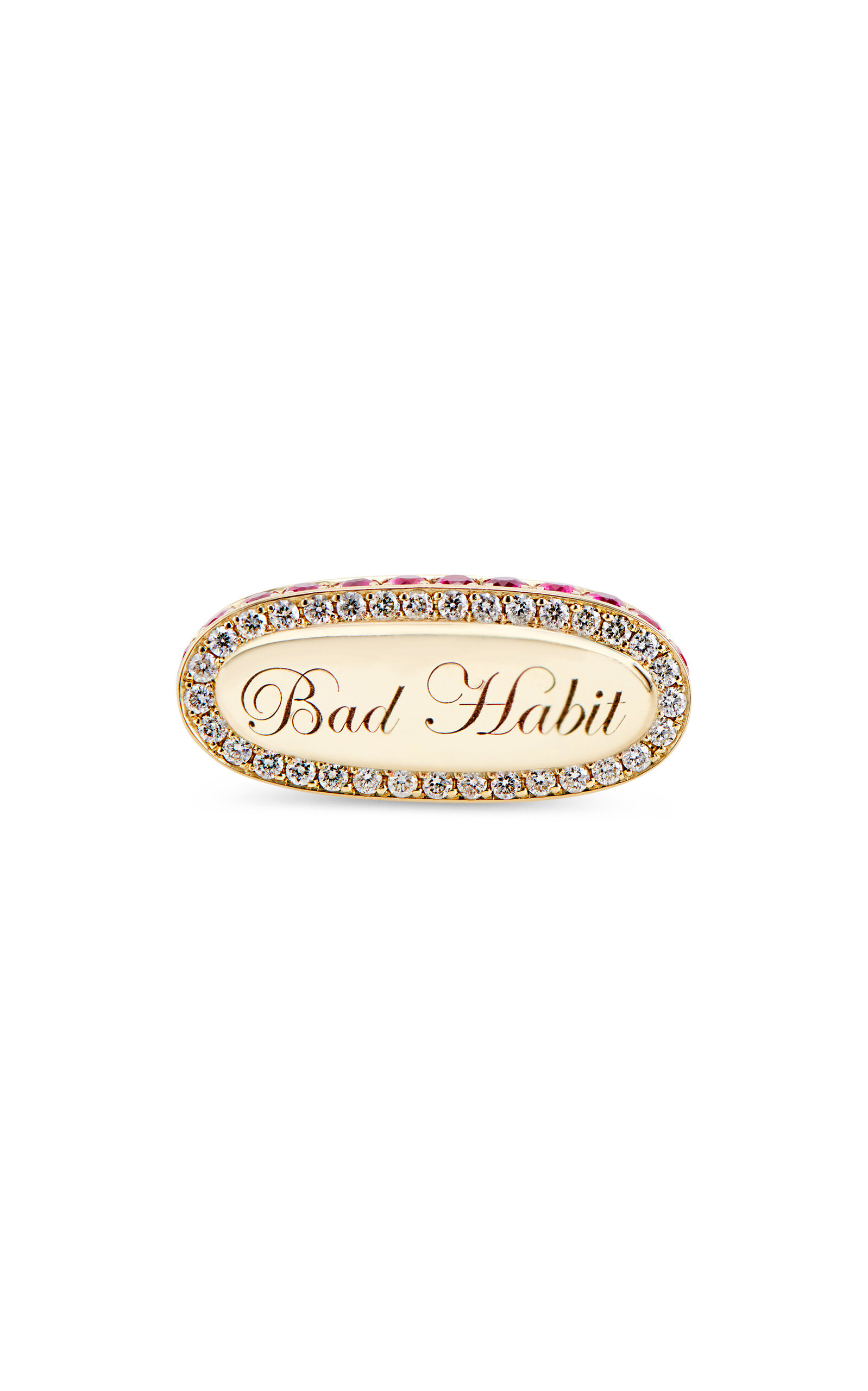14K Yellow Gold Bad Habit Signet Diamond and Pink Sapphire Ring