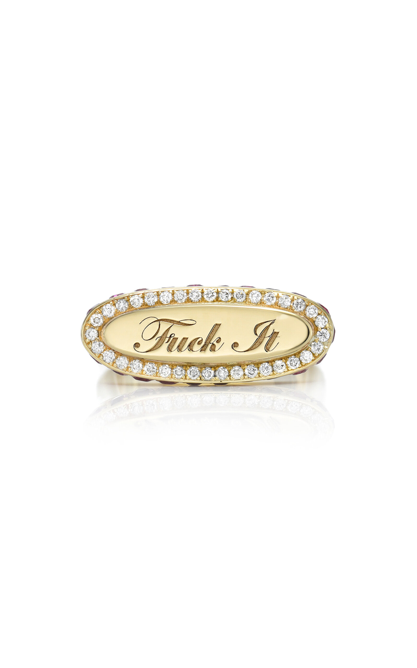14K Yellow Gold F*** It Signet Diamond and Pink Sapphire Ring