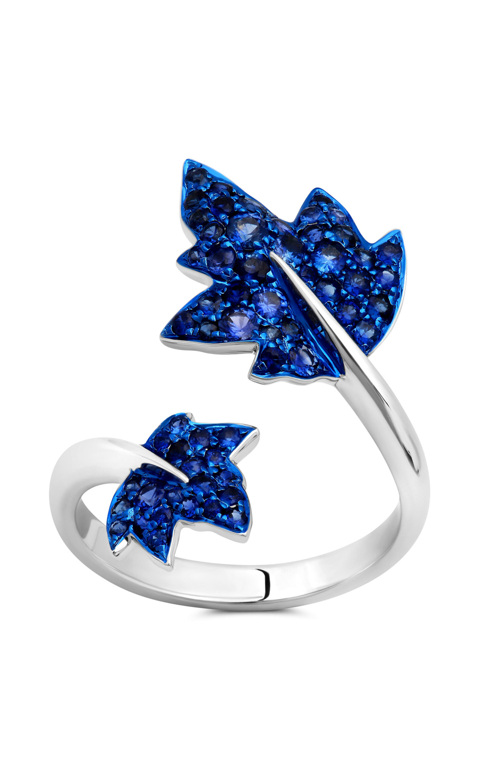 Graziela 18k White Gold Blue Sapphire Folha Ring In Blue Rhodium