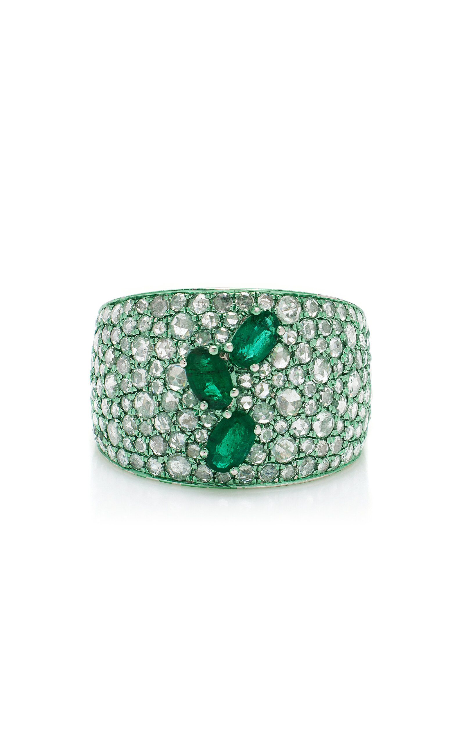 Graziela 18k White Gold With Emerald And Diamond Band Ring In Green Rhodium