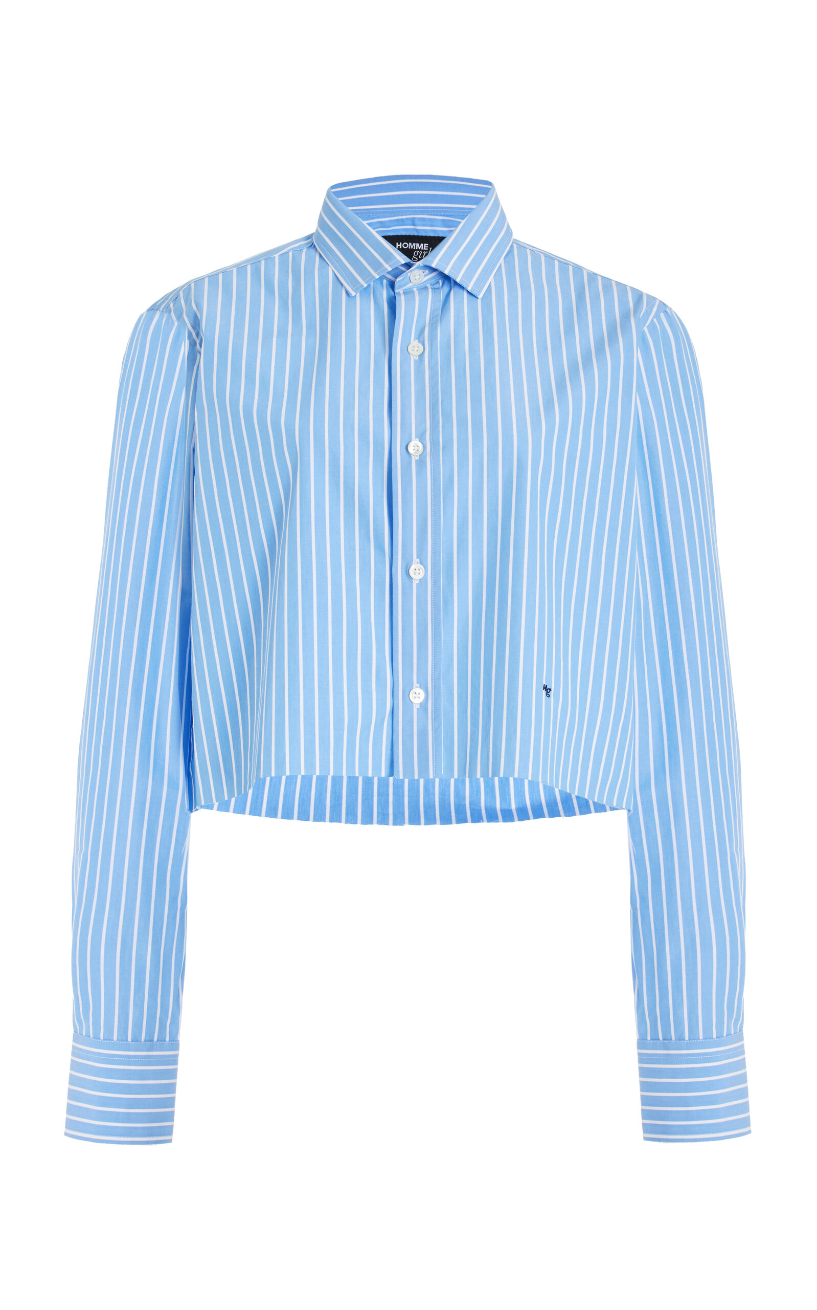 Shop Hommegirls Striped Cotton Cropped Shirt In Blue