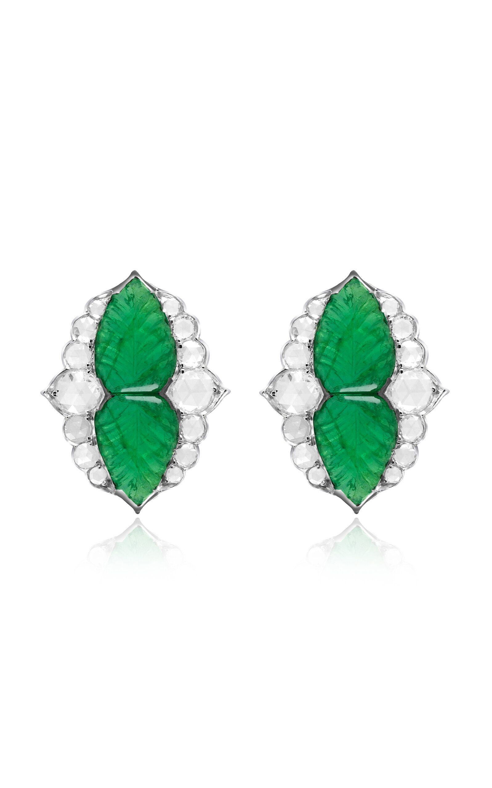 18K White Gold Architectural Splender Diamond and Emerald Earrings