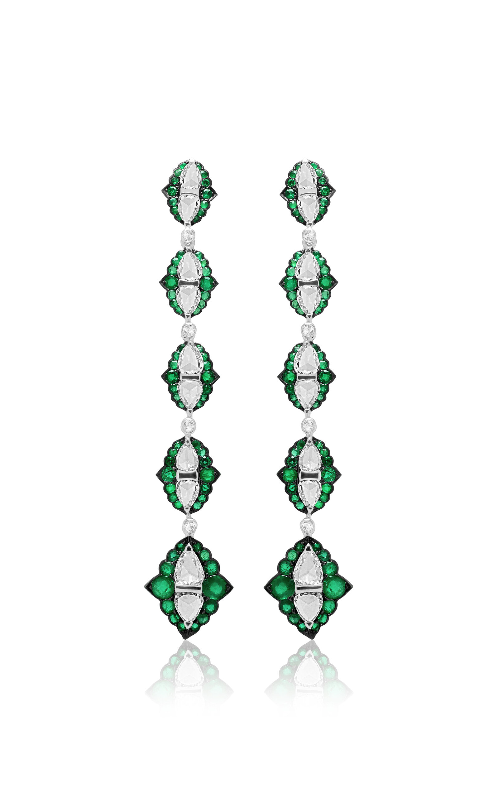 18K White Gold Architectural Splendor Diamond and Emerald Earrings