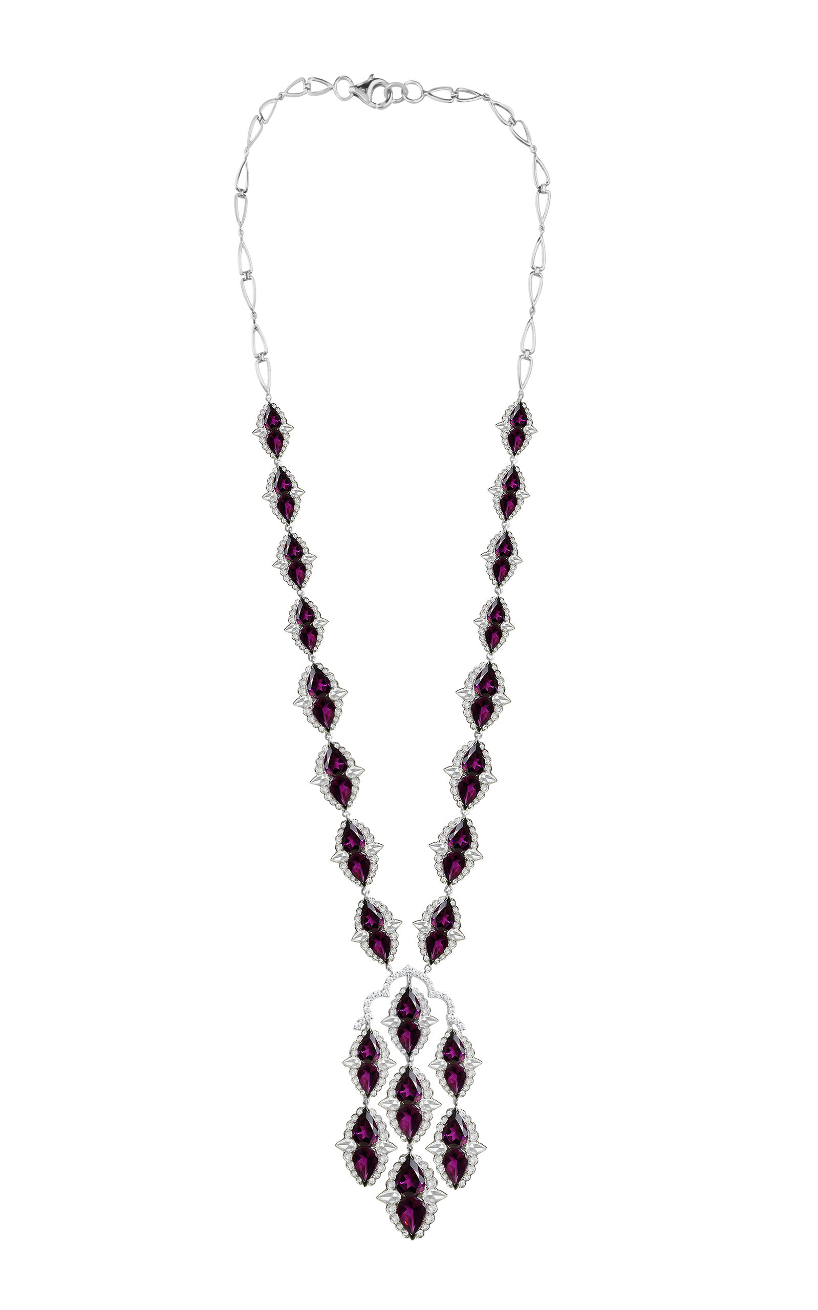 18K White Gold Architectural Splendor Diamond and Rhodolite Necklace