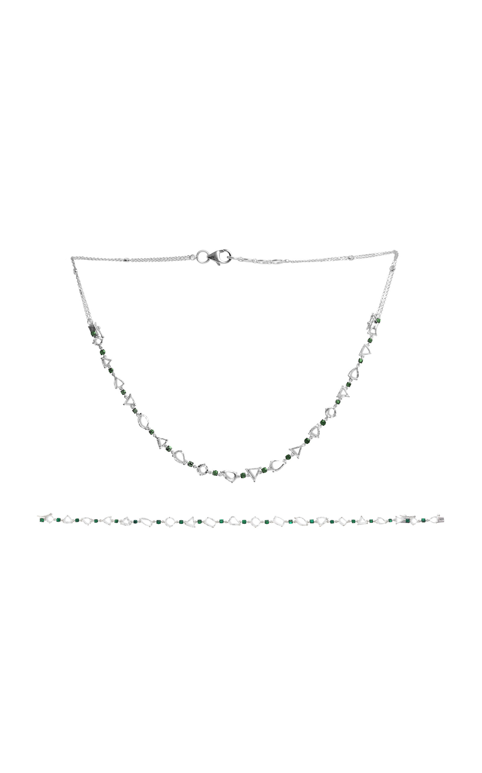 18K White Gold The Portrait Diamond and Emerald Necklace and Bracelet