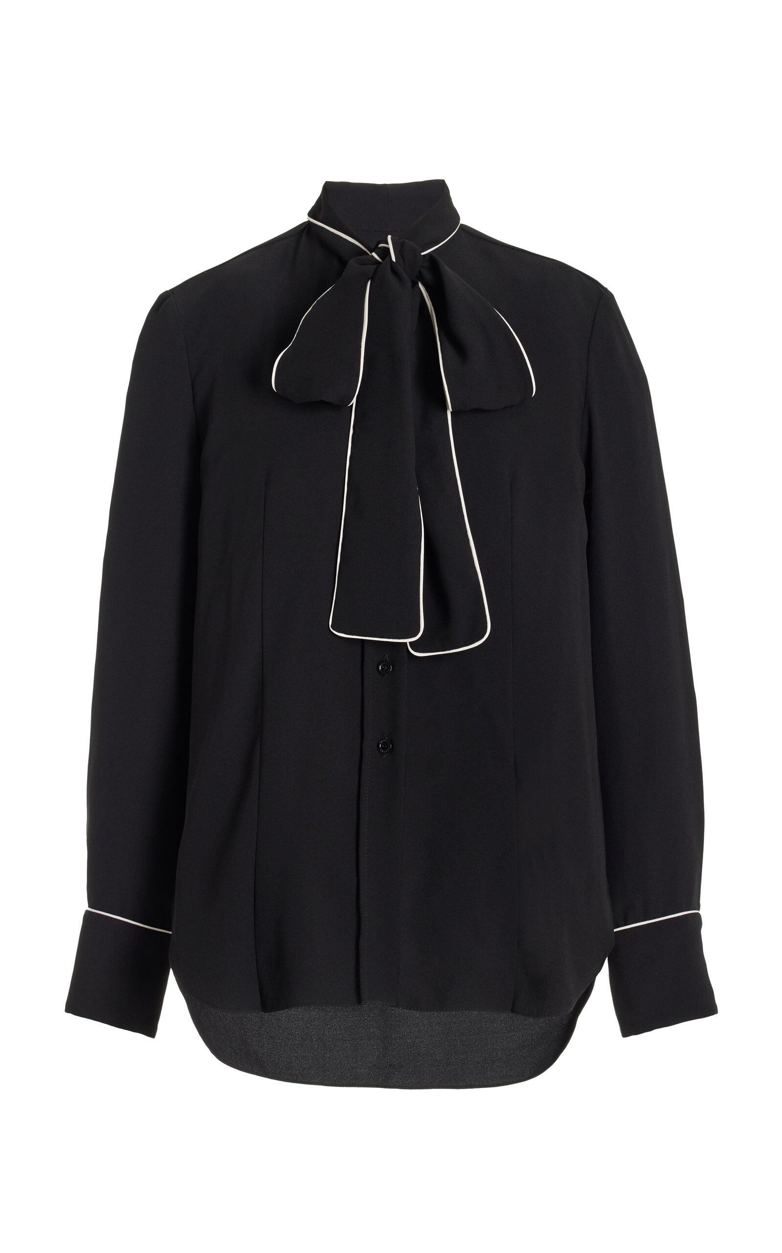 Piping-Trimmed Pussy Bow Blouse
