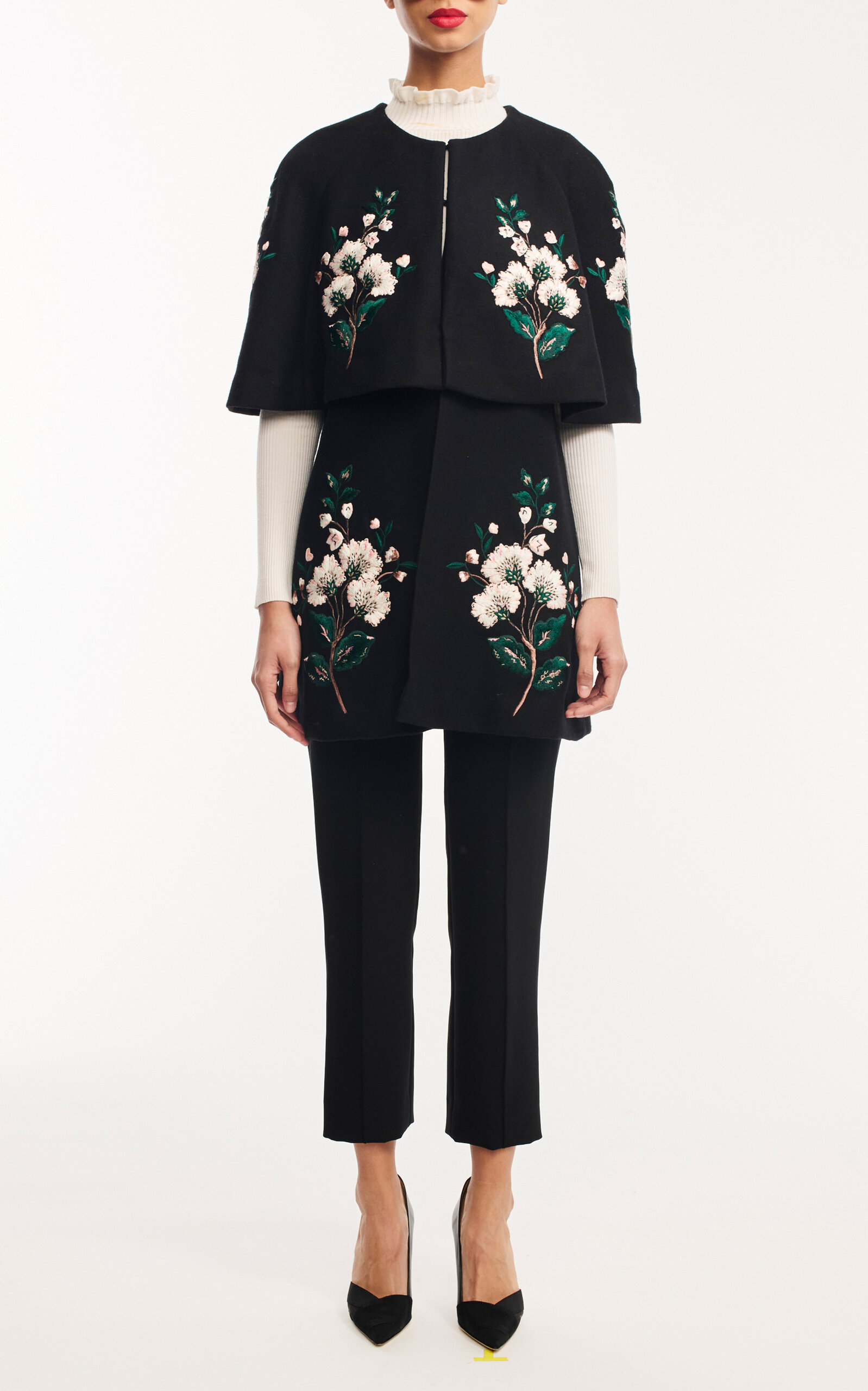 Carolina Herrera - Embroidered Wool-Cashmere Mini Cape - Black - M - Moda Operandi
