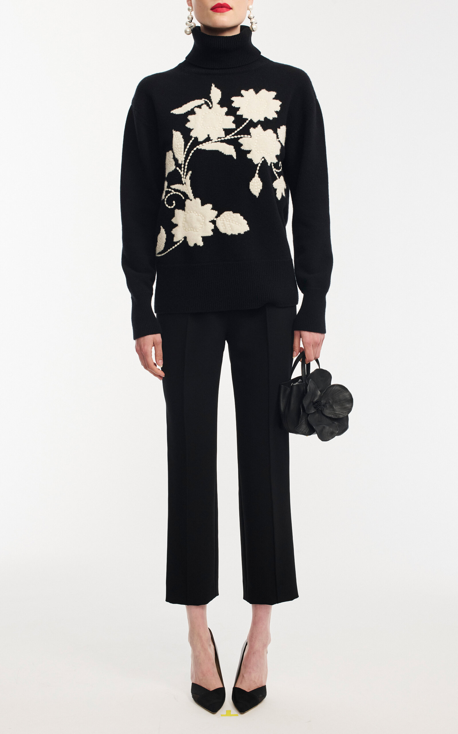 Carolina Herrera Embroidered Wool-cashmere Turtleneck Sweater In Black,white