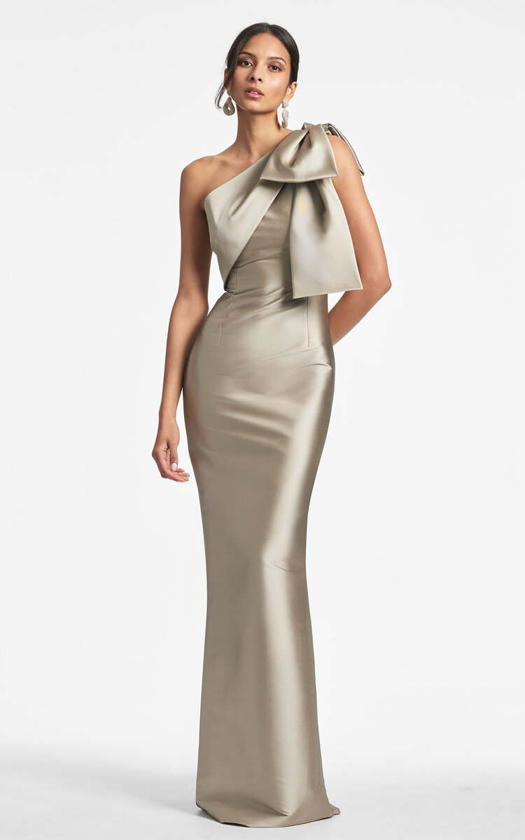 Sachin & Babi Bonnie One-shoulder Satin Column Gown In Metallic