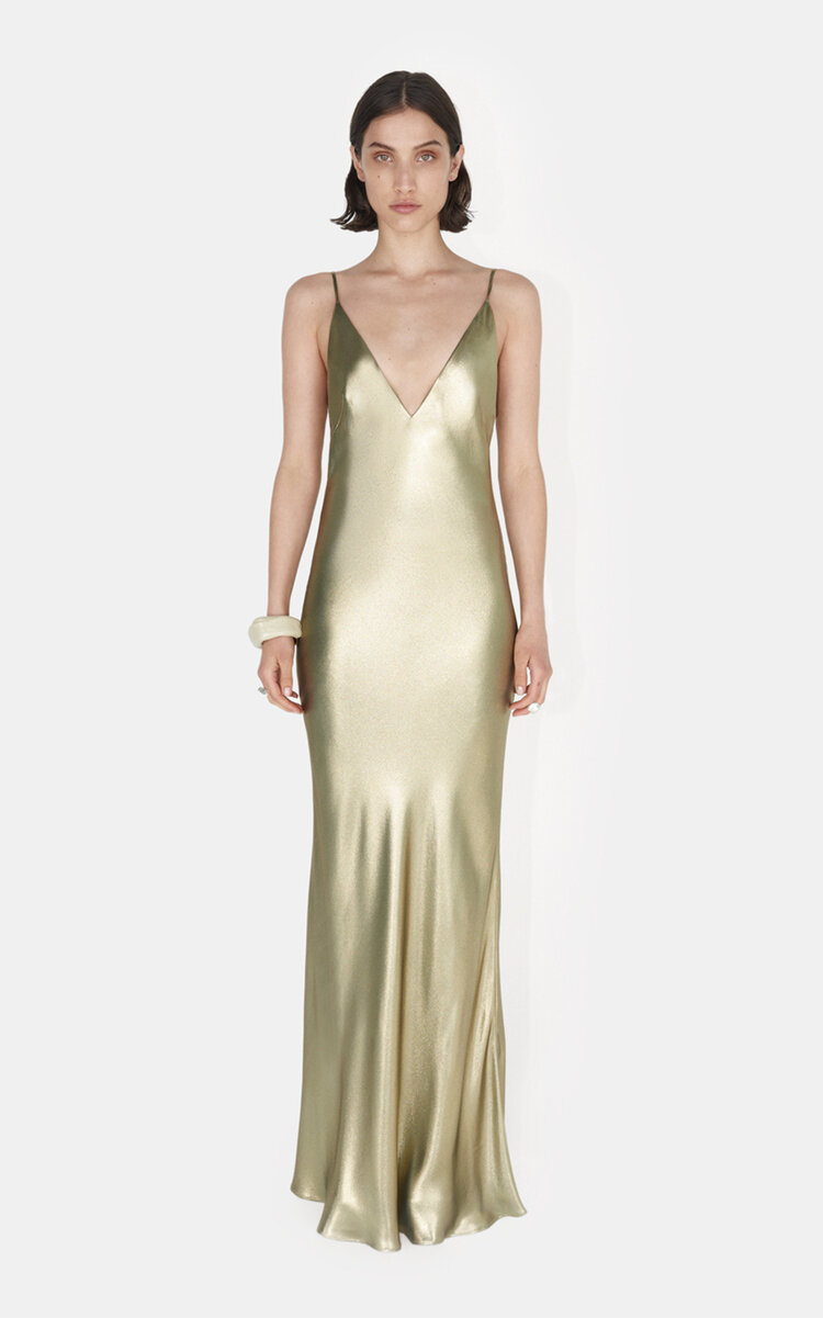 Galvan Ized Plunging Metallic Silk Slip Maxi Dress In Gold