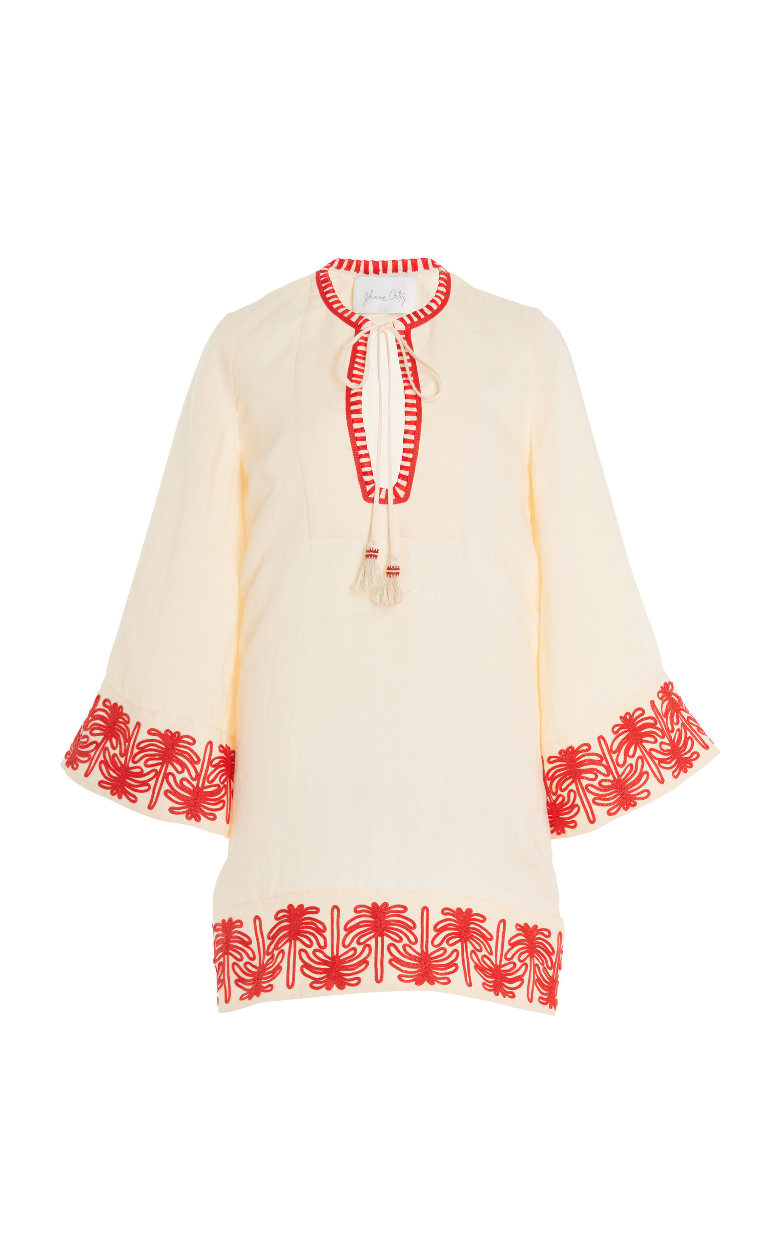 Shop Johanna Ortiz Ocean Clan Embroidered-linen Mini Tunic Dress In Neutral