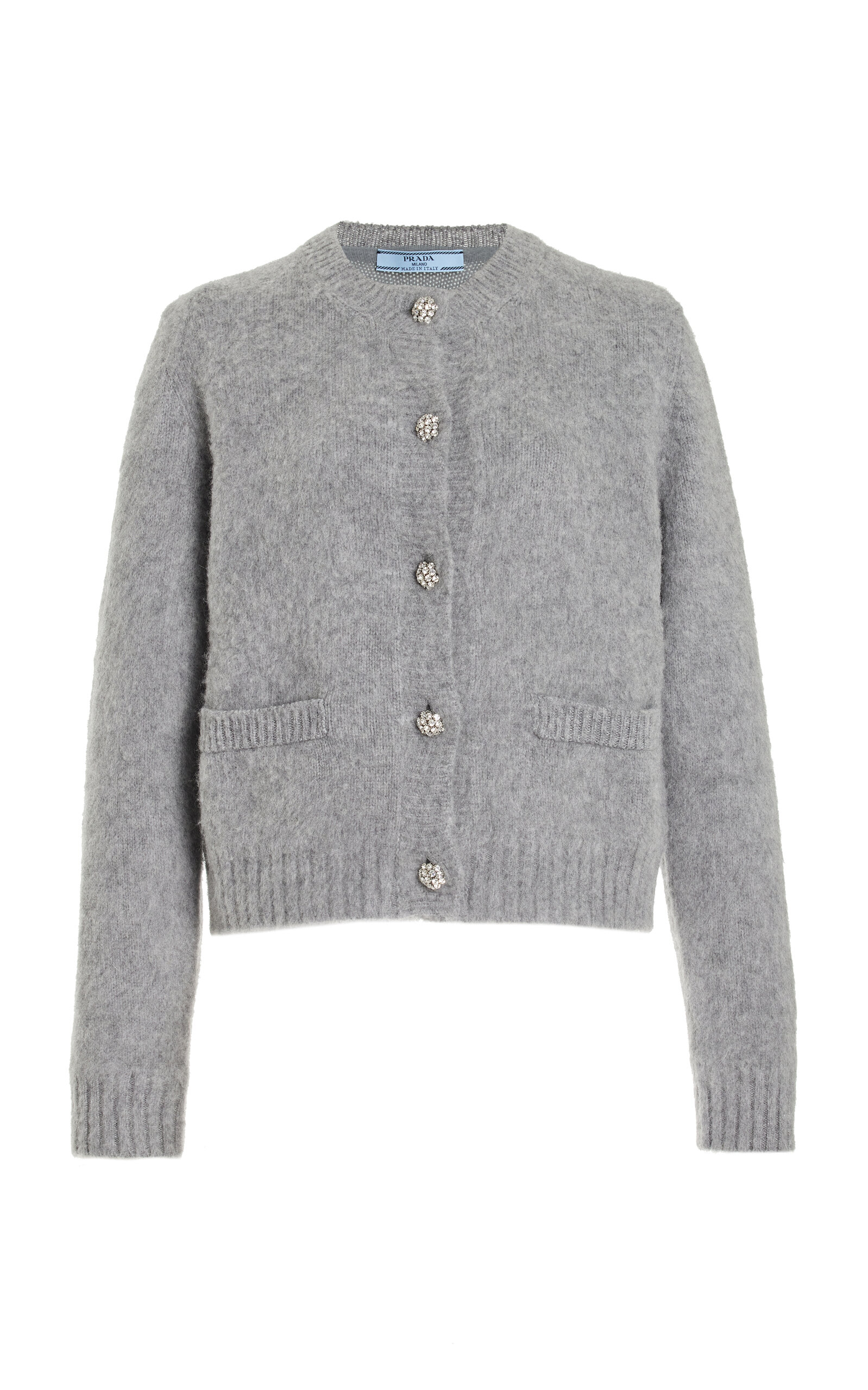 Prada Crystal-button Cashmere Cardigan In Grey