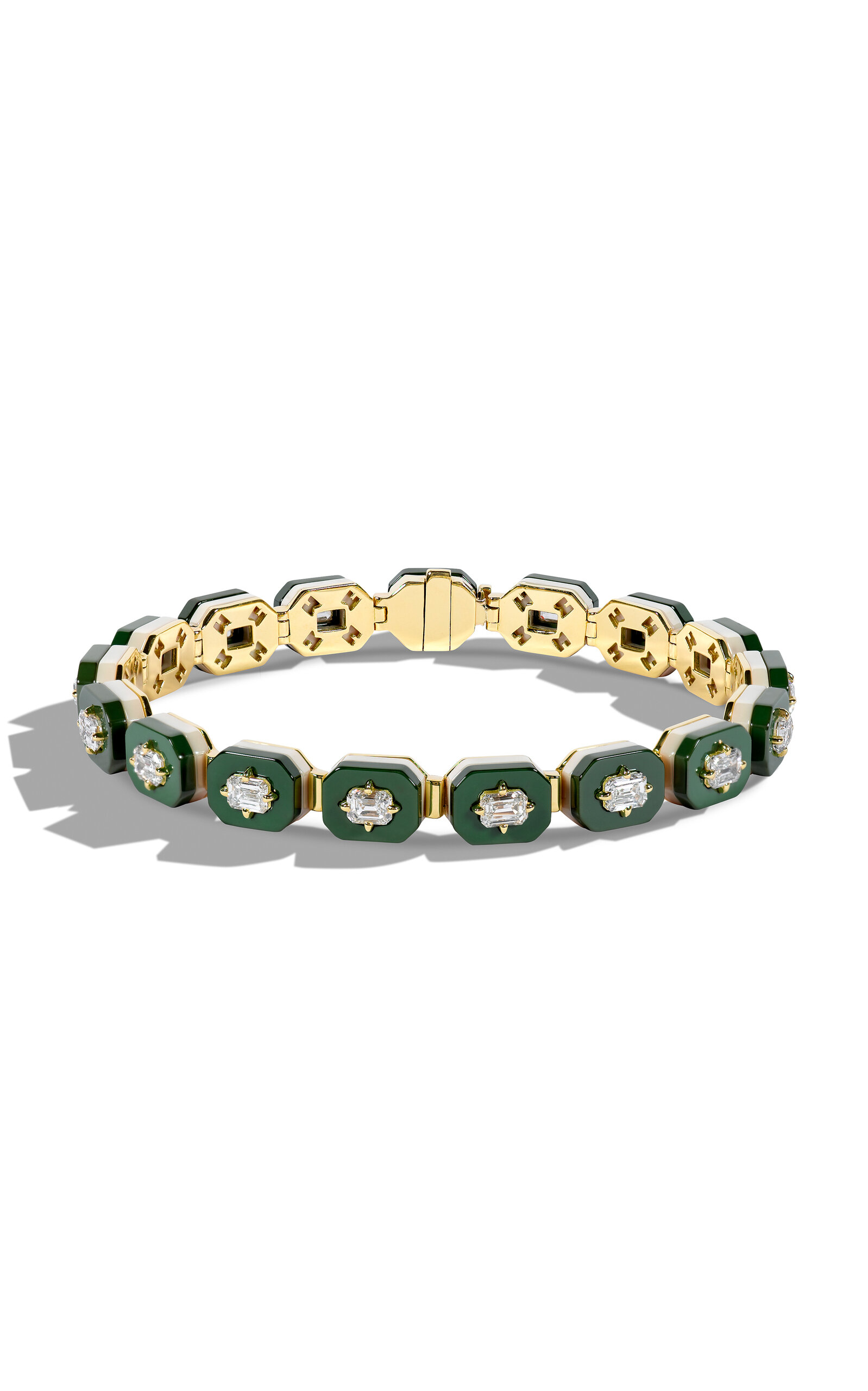 Minty 18k Yellow Gold Deuce Court Ceramic Diamond Tennis Bracelet In Green