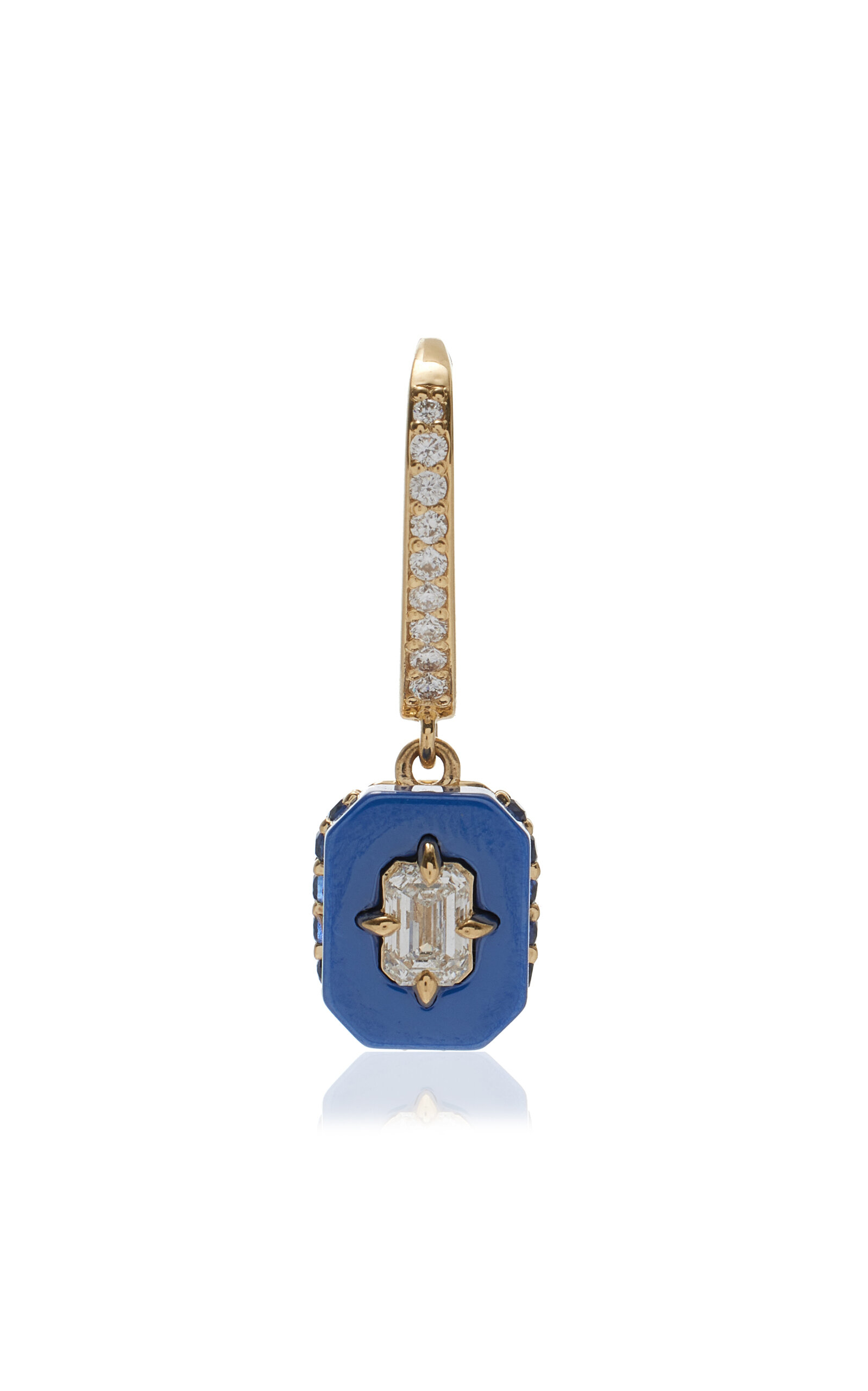 18k Yellow Gold Bleue Ceramic Small Diamond Single Huggie Earring