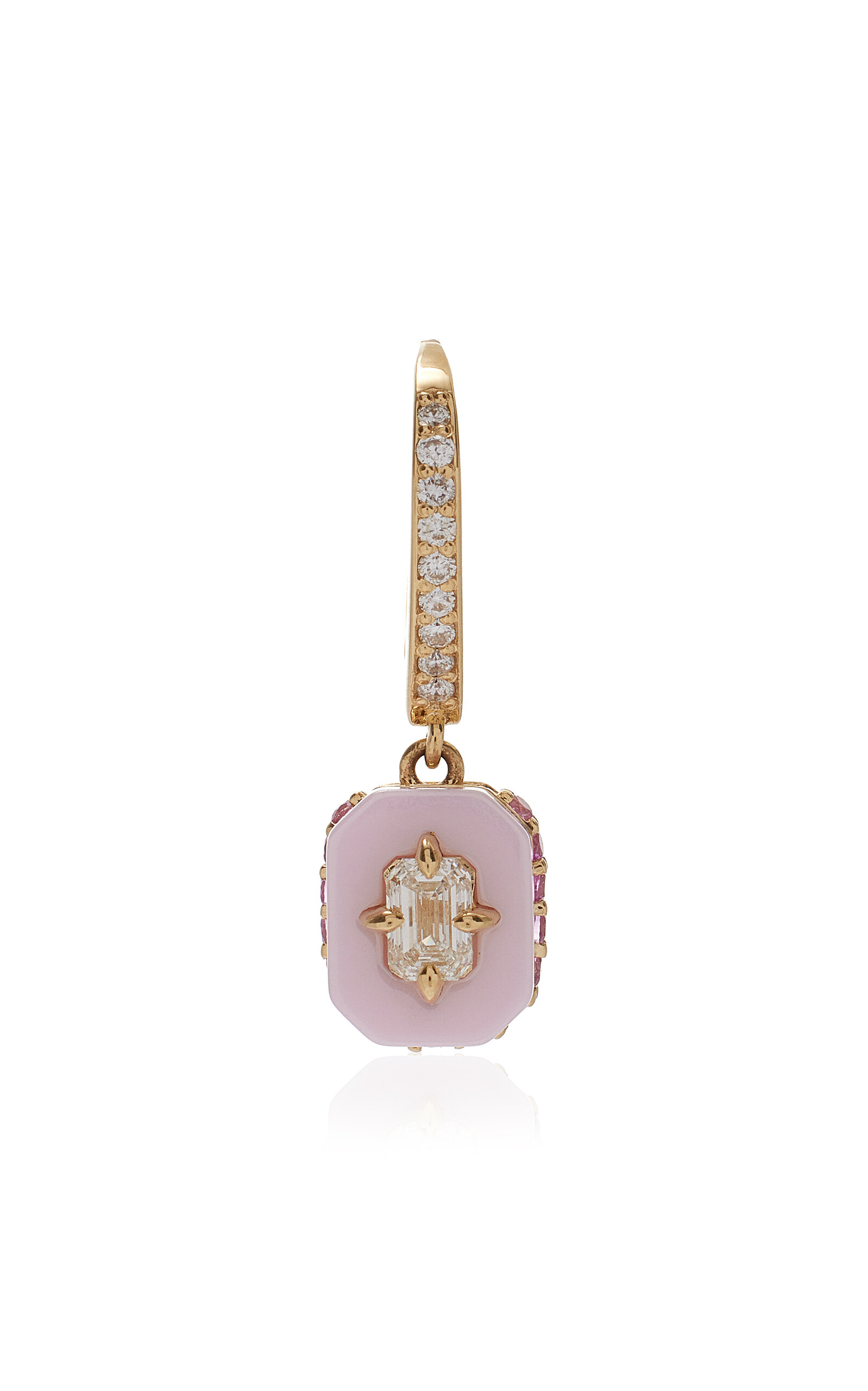 Minty 18k Yellow Gold Rose Ceramic Small Diamond Single  Huggie Earring In Pink