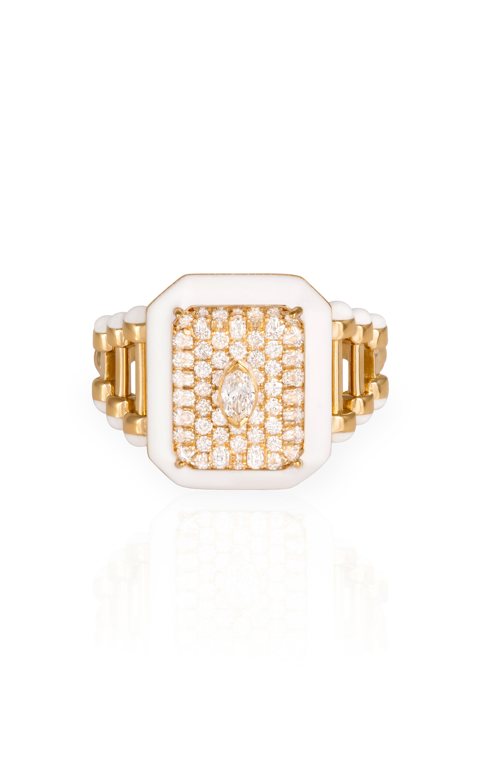 L'atelier Nawbar 18k Yellow Gold Little Moment In Swan Diamond And White Enamel Ring