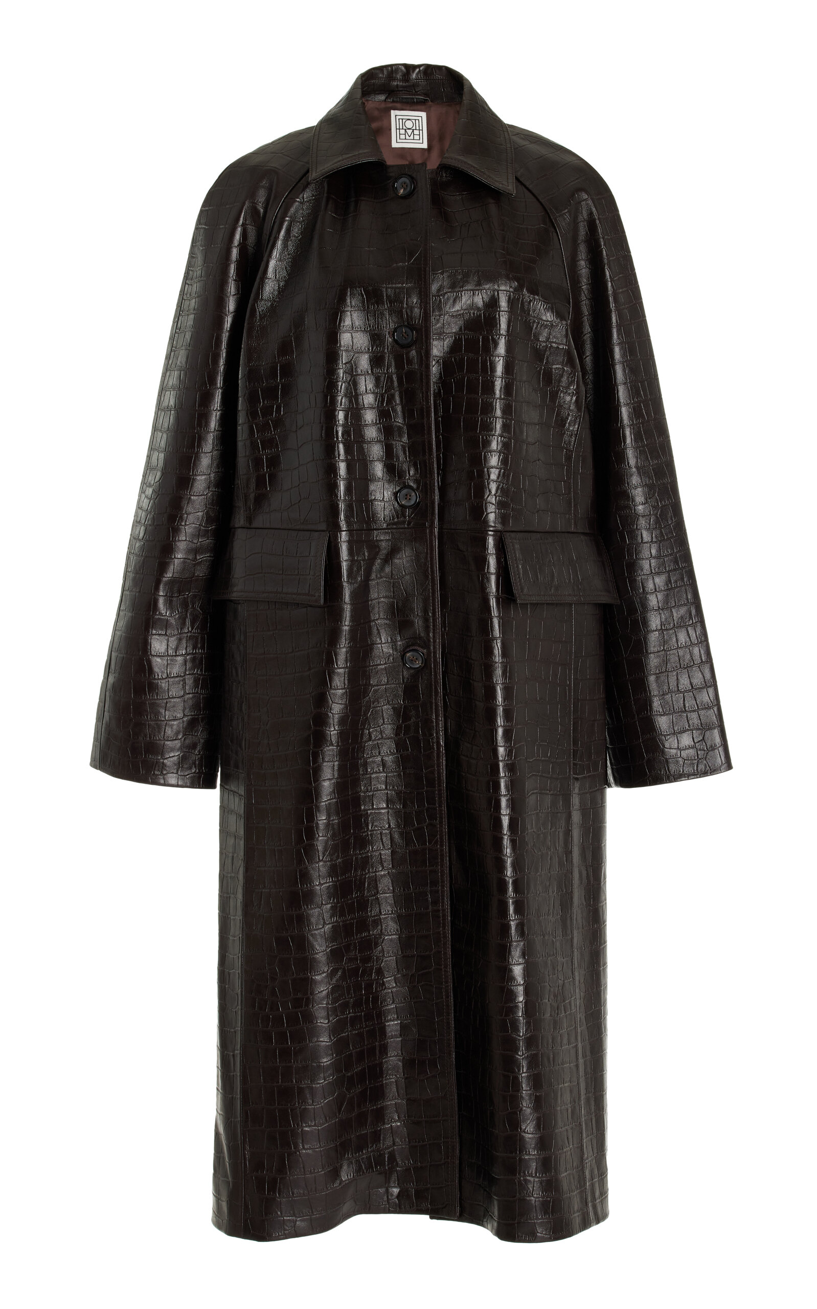 Shop Totême Croc-embossed Leather Coat In Brown