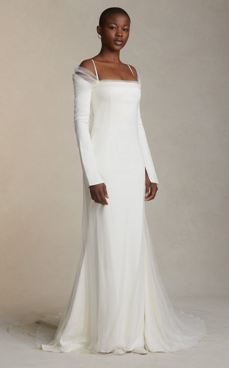 Danielle Frankel Leona Cold-shoulder Cady And Tulle Gown In Off-white