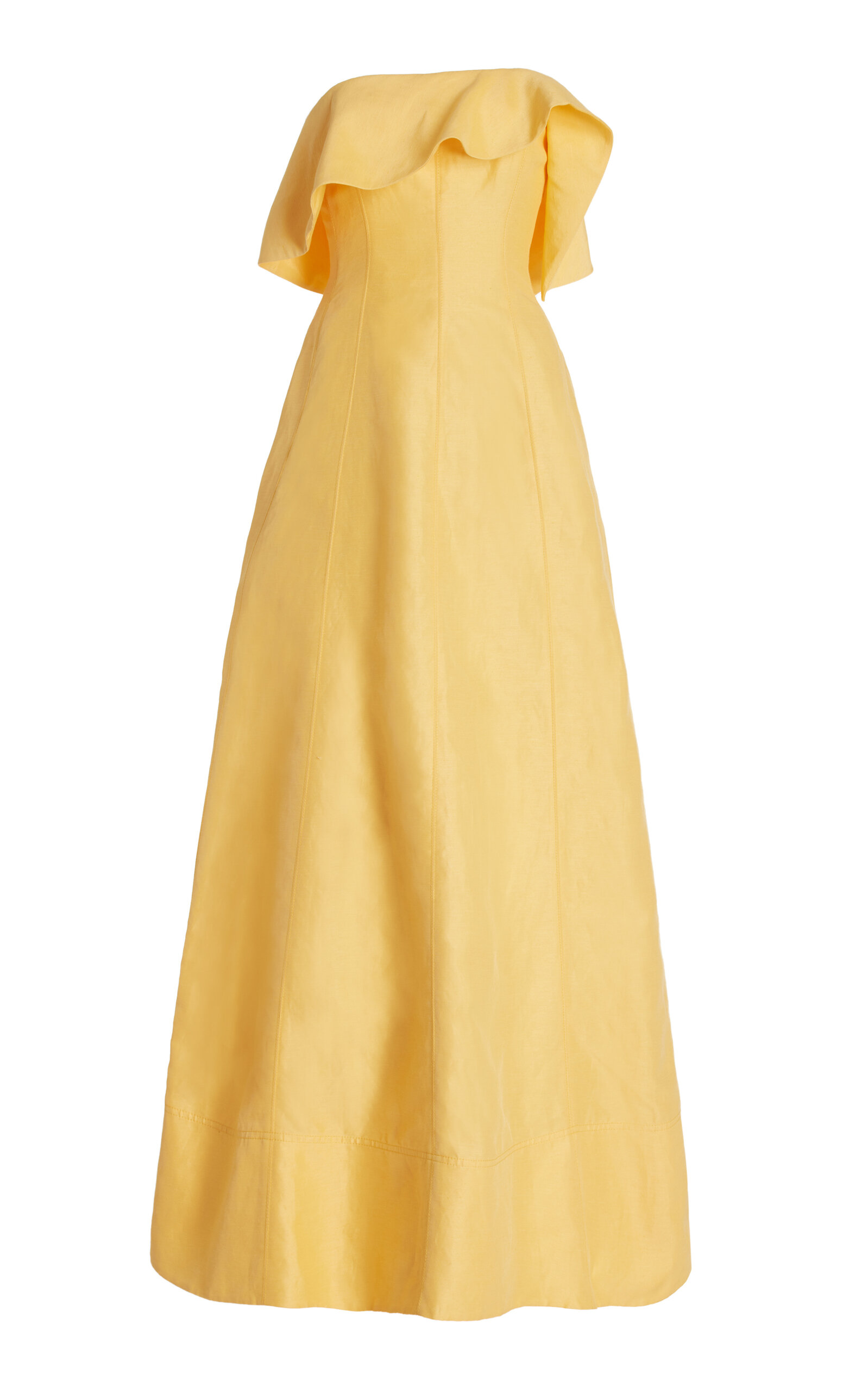 Shop Aje Shallows Strapless Ruffled Linen-blend Gown In Yellow