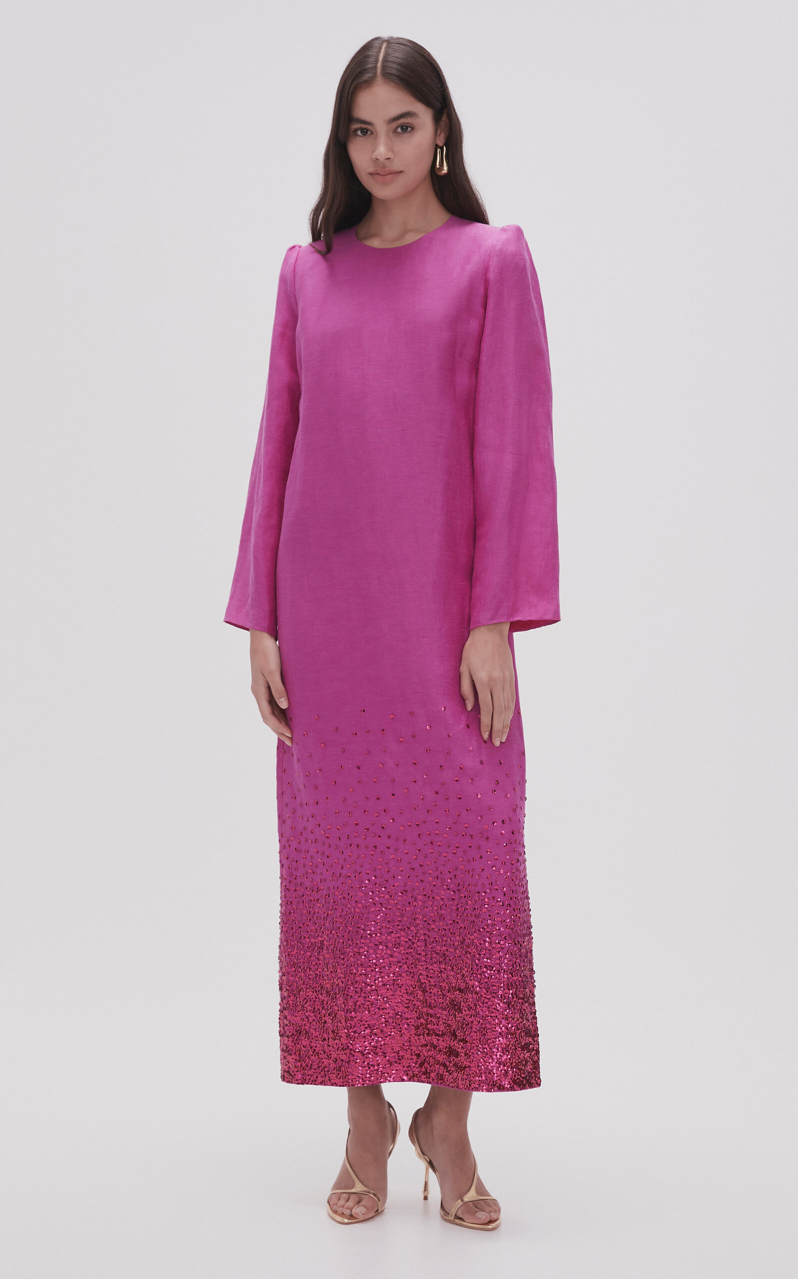 Aje Reflection Sequin Trim Linen-blend Maxi Dress In Pink