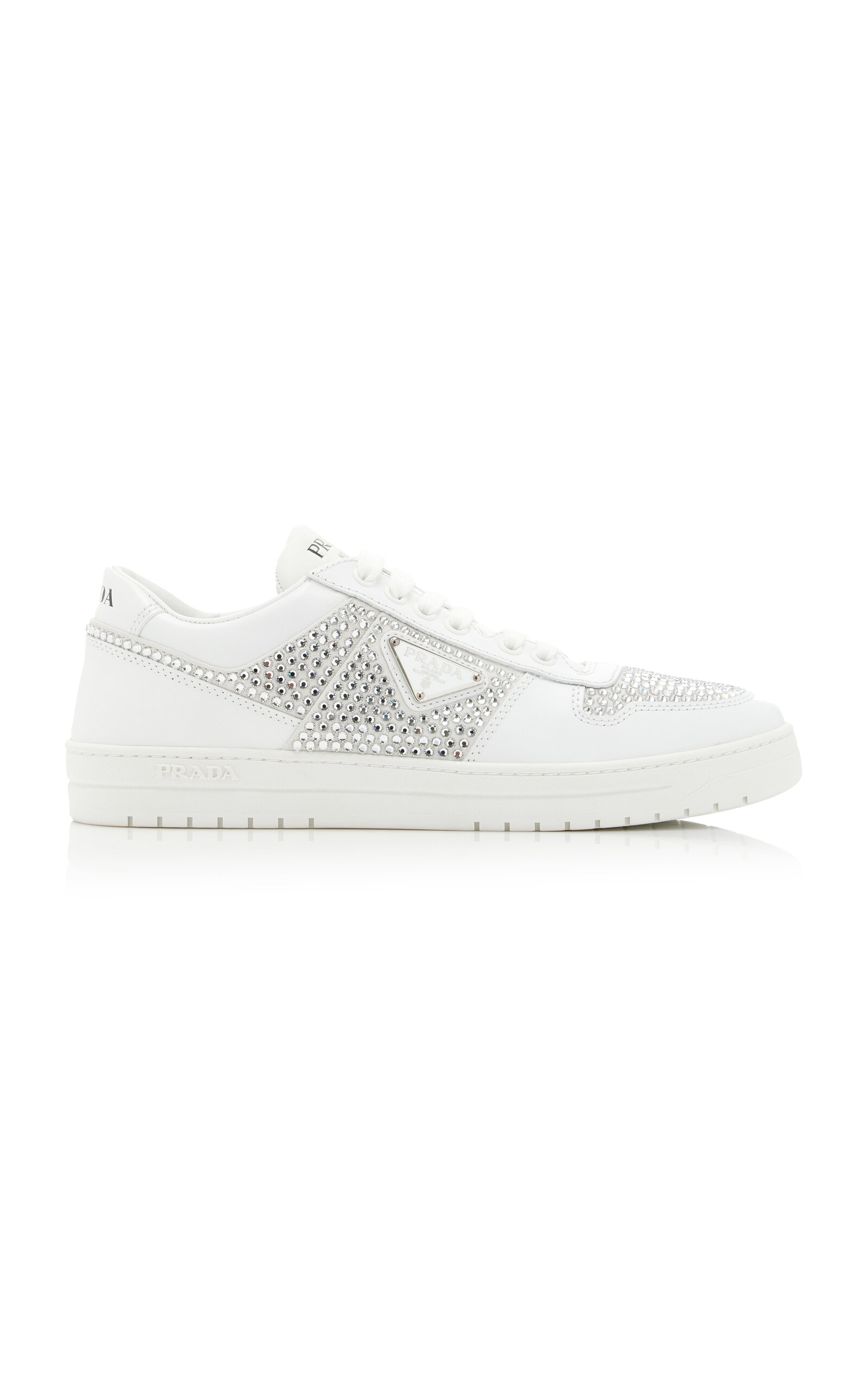 Shop Prada Downtown Crystal-embellished Leather Sneakers In White