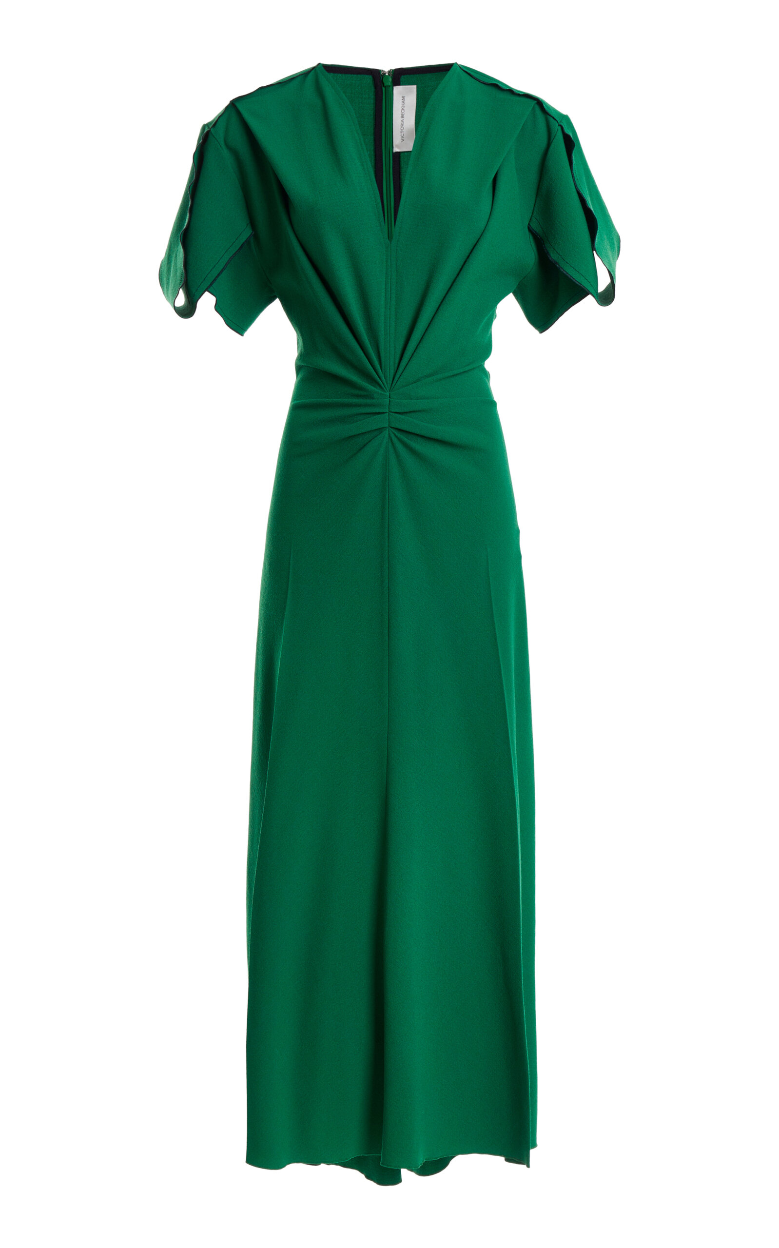 Victoria Beckham Gathered Wool V-neck Midi Dress In Green