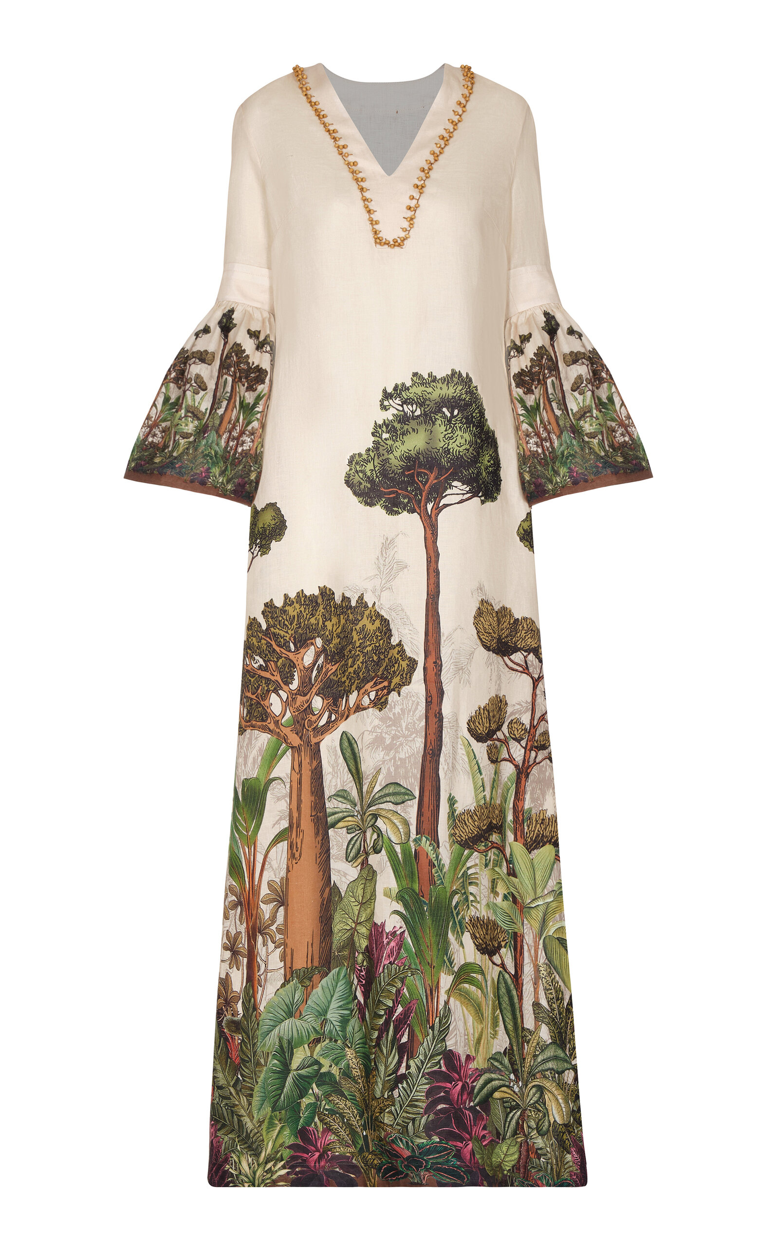 Shop Andres Otalora Magdalena Hand-embellished Linen Maxi Dress In Print