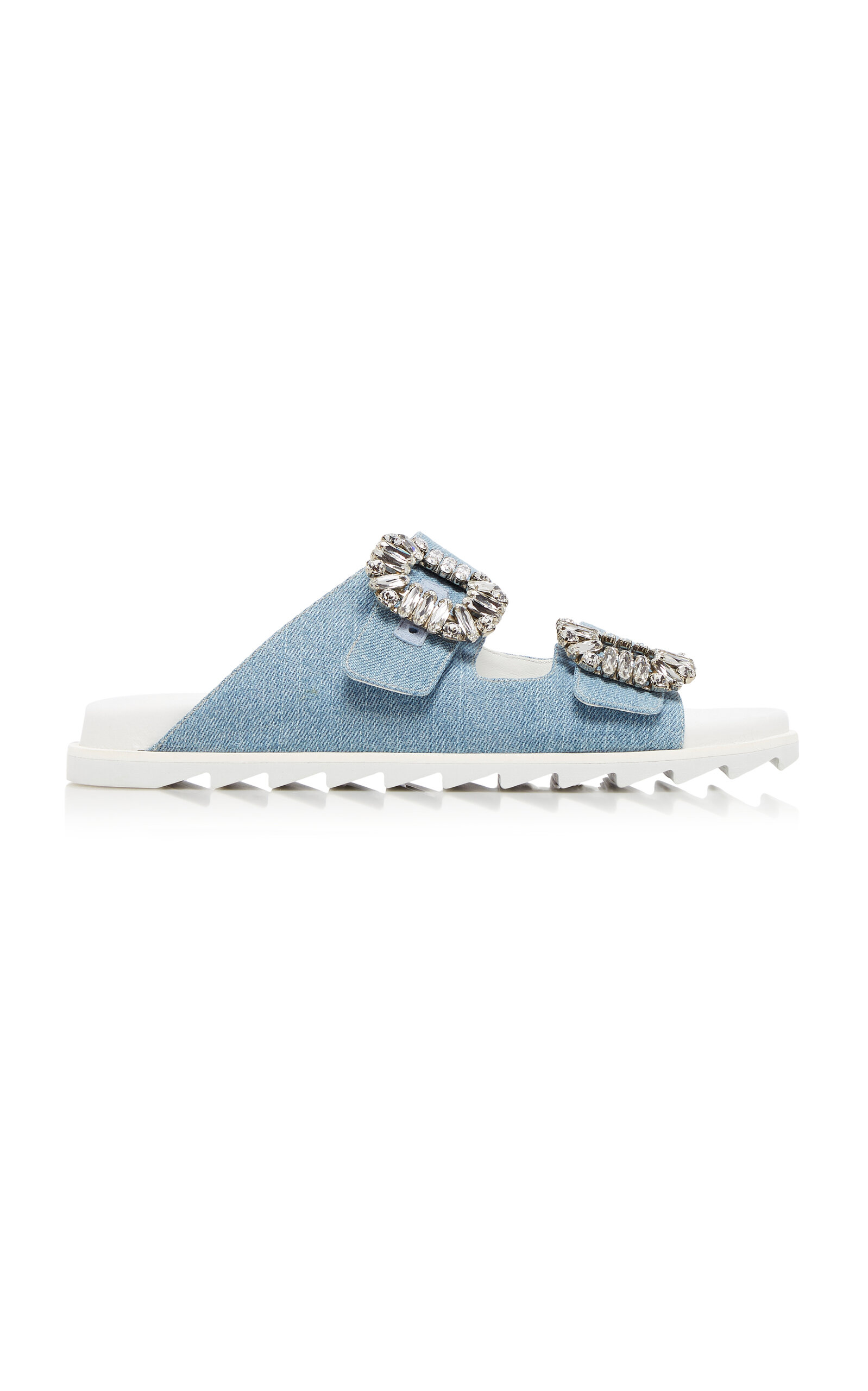 Shop Roger Vivier Slidy Viv' Buckle-embellished Denim Sandals In Blue