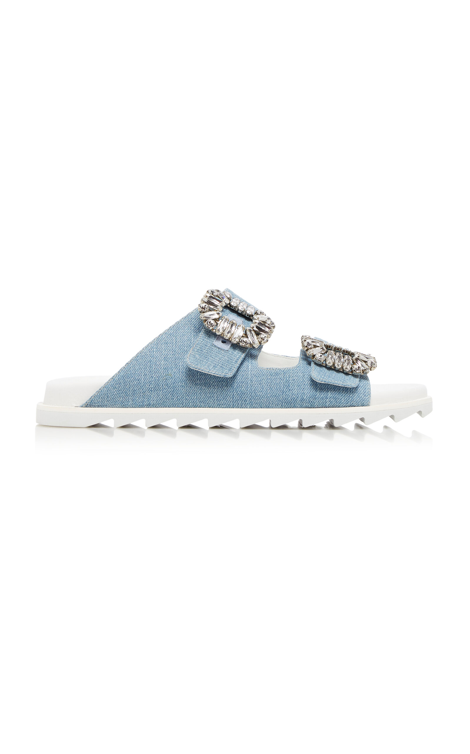 ROGER VIVIER SLIDY VIV' BUCKLE-EMBELLISHED DENIM SANDALS