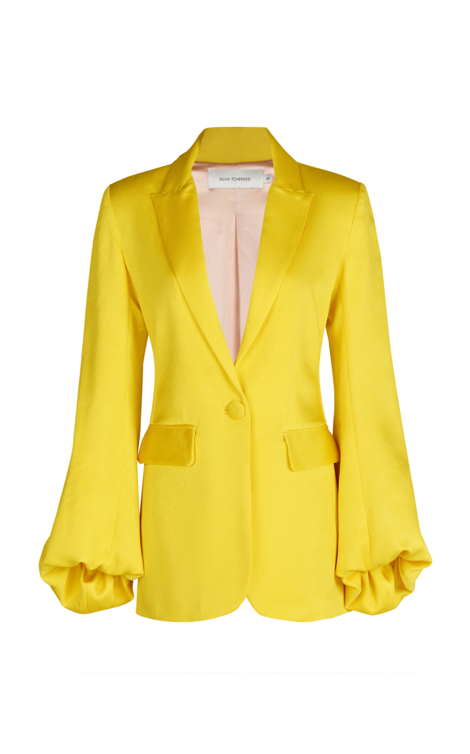 Shop Silvia Tcherassi Coco Puff-sleeve Satin Blazer Jacket In Yellow