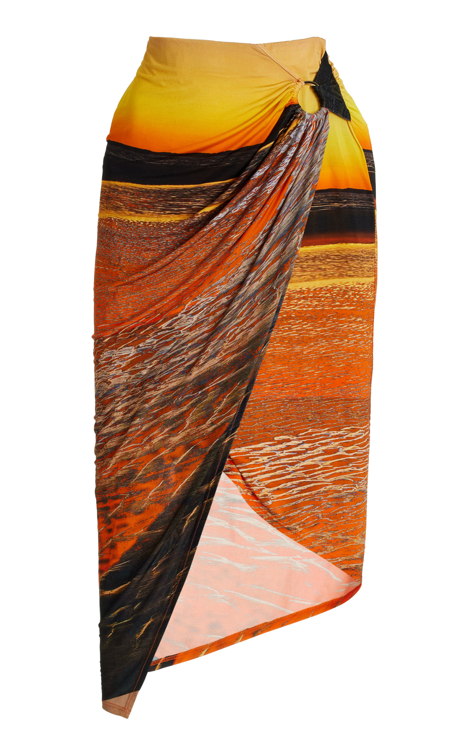 Louisa Ballou Exclusive Long Coastline Printed Jersey Sarong Midi Skirt In Orange