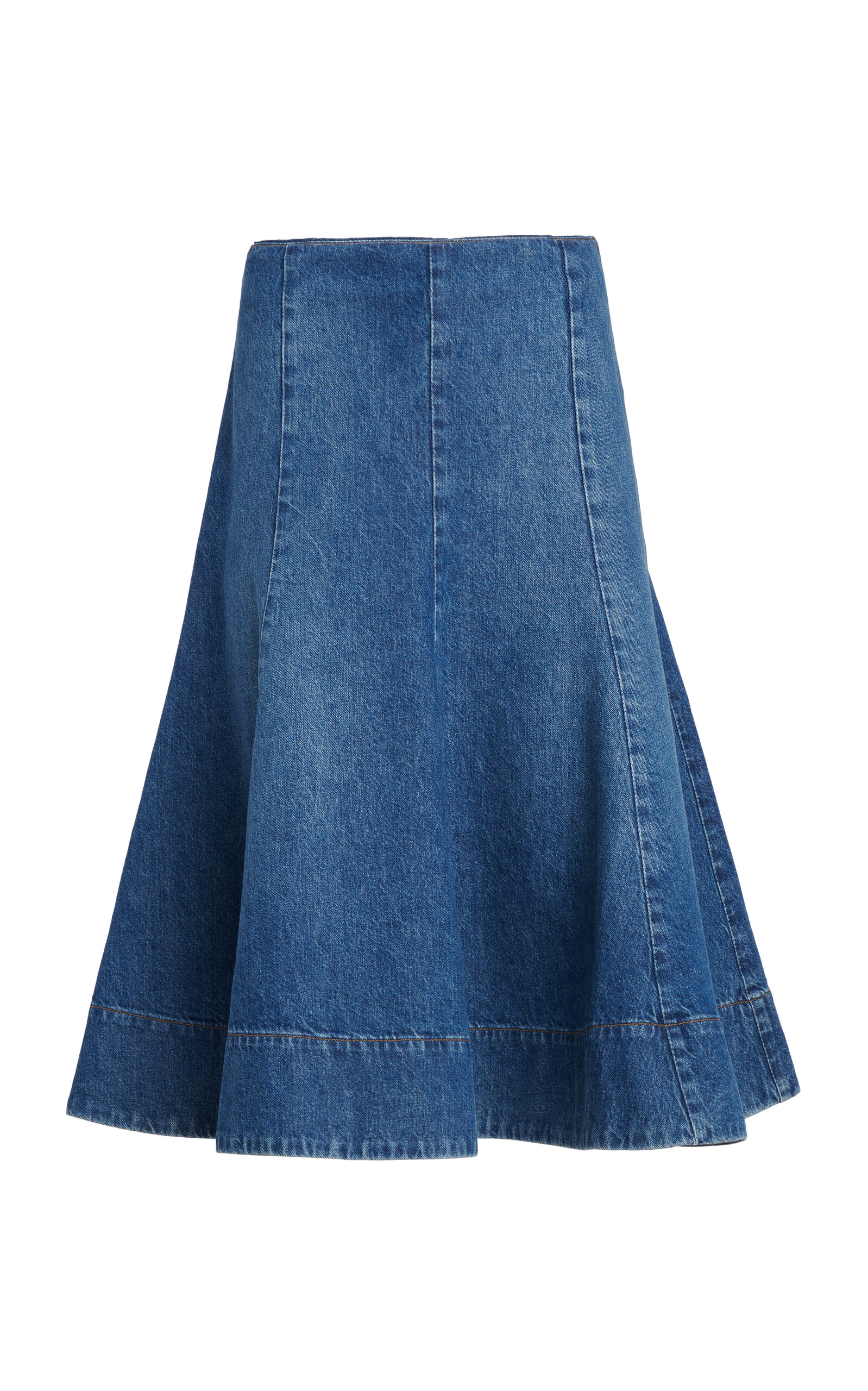 Shop Khaite Lennox Denim Midi Skirt In Medium Wash