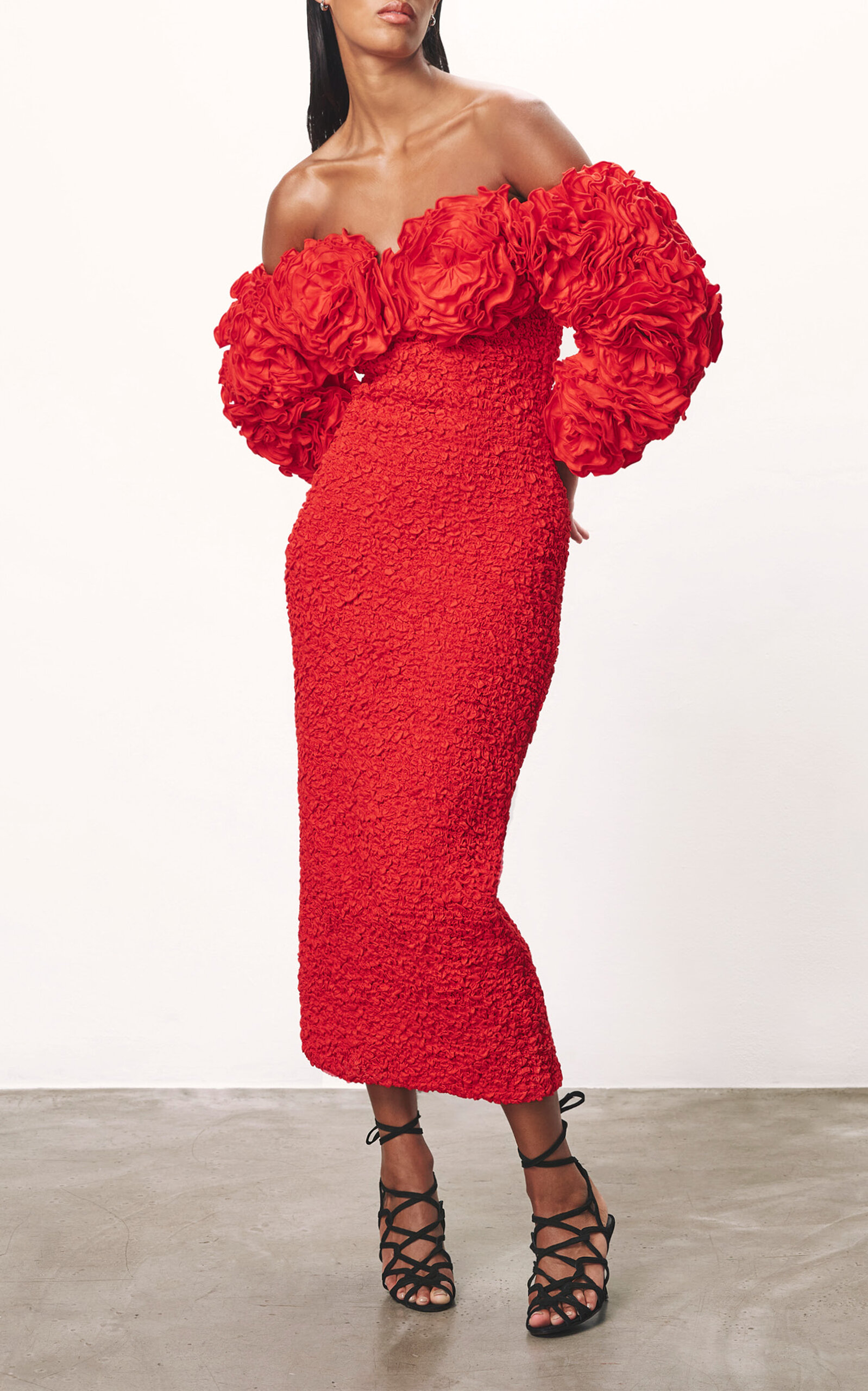 Mara Hoffman Luna Rosette Textured Cotton Midi Dress In Red | ModeSens
