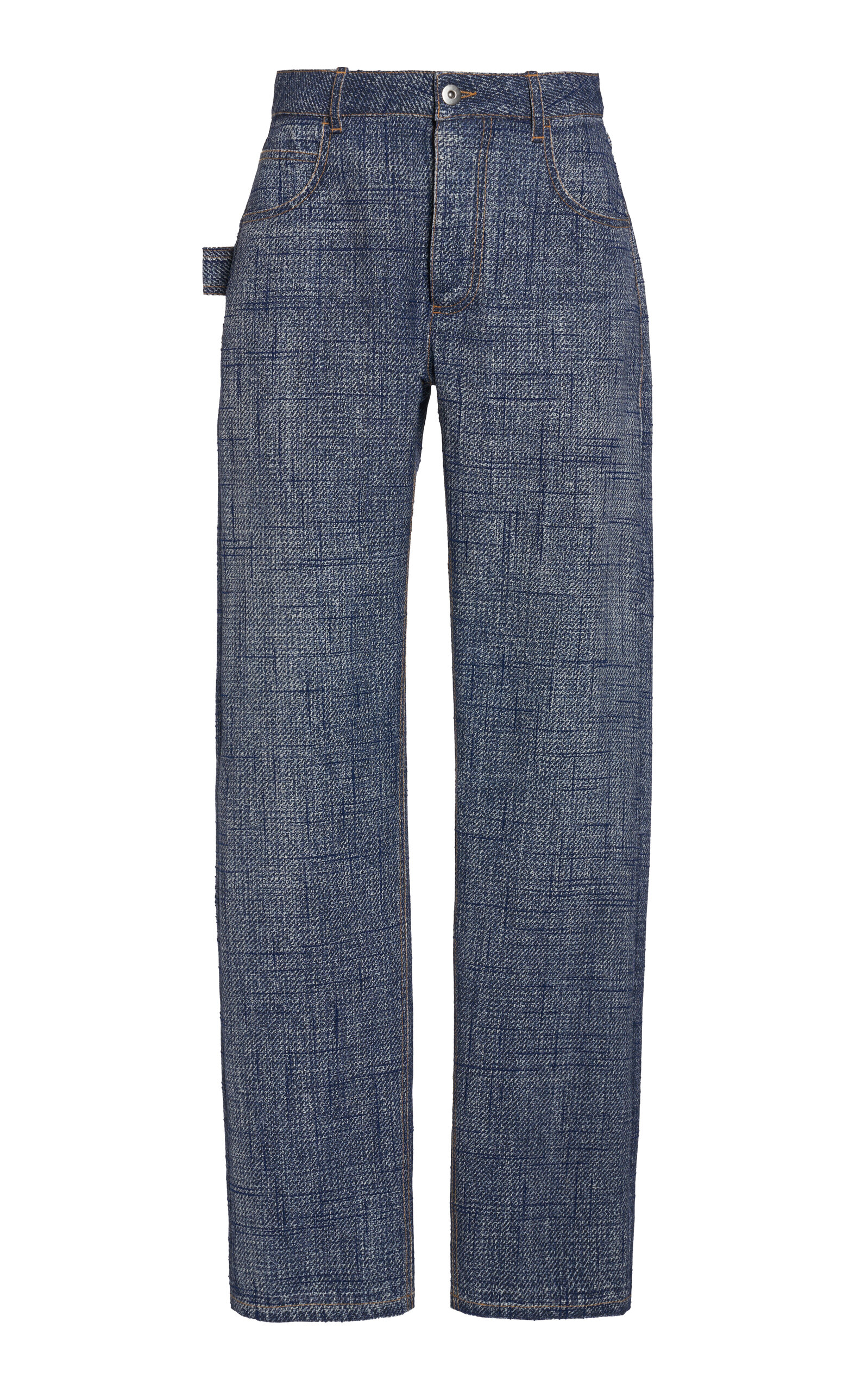 Shop Bottega Veneta Denim-print Straight-leg Trousers In Blue